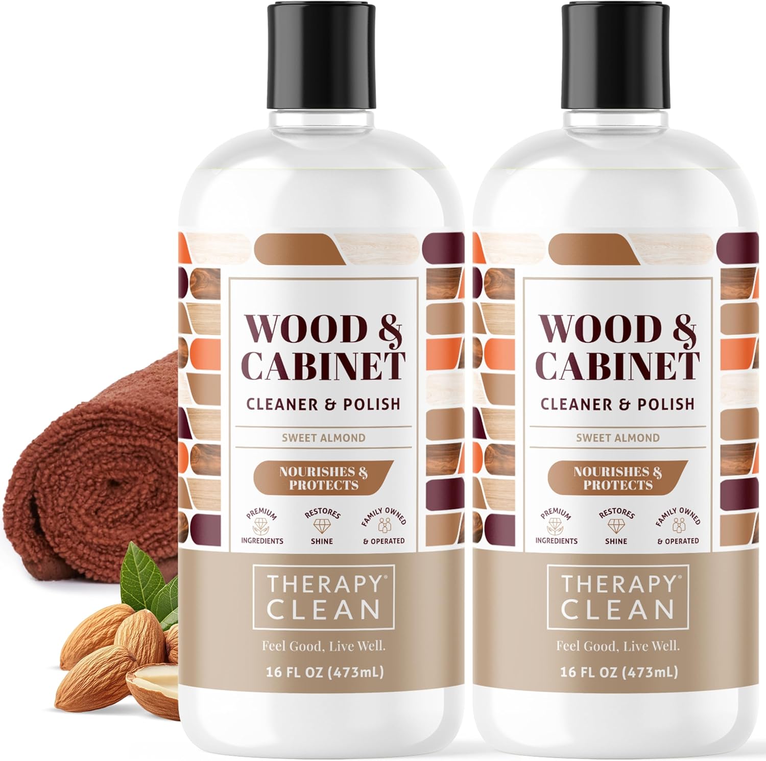 Therapy Wood Cleaner & Polish 16 oz. (2-Pack with Microfiber Cloth) - Wood Cabinet and Table Cleaner - Conditioner - Almond Scent