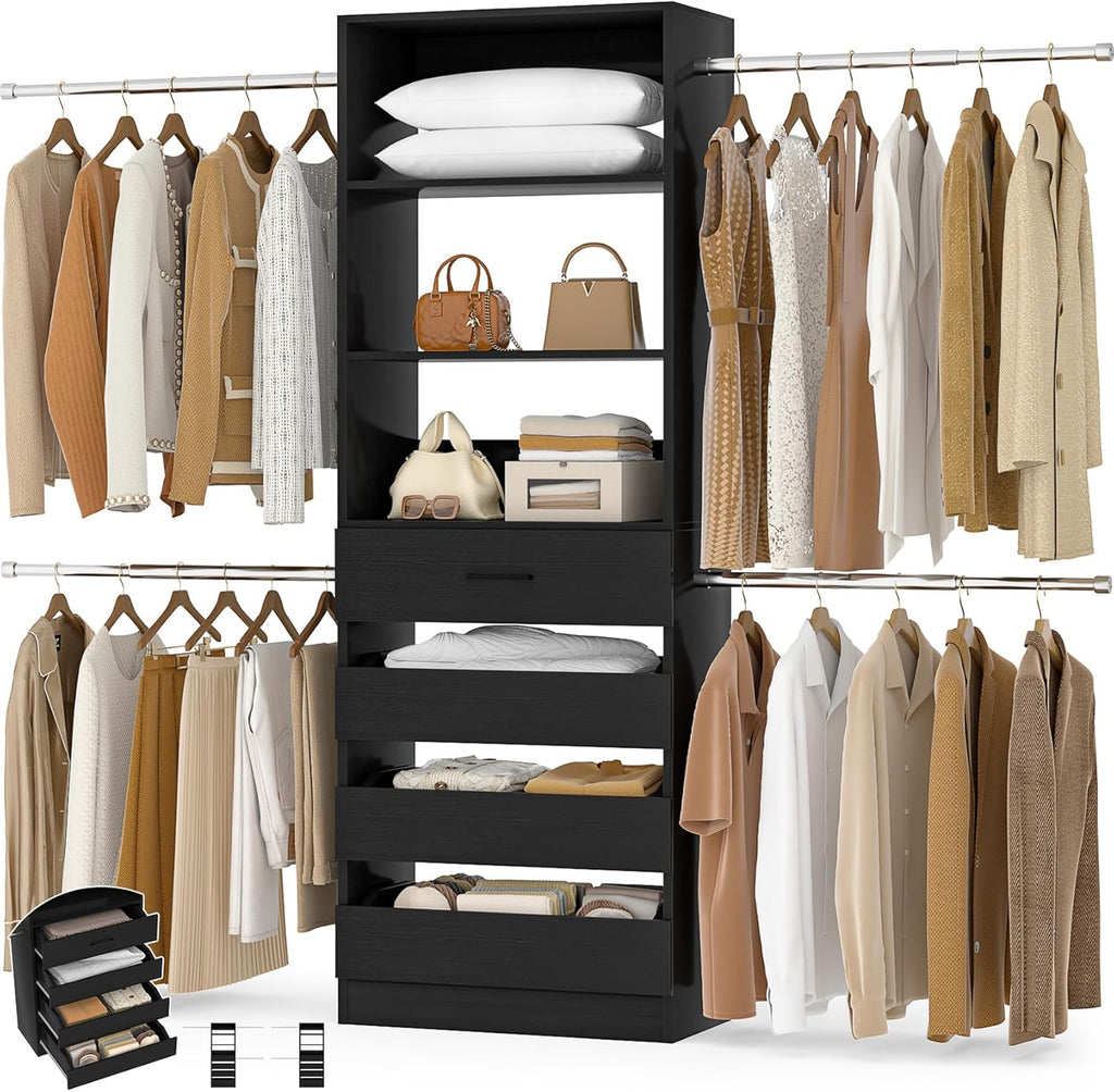 Aheaplus Closet System, 4-9Ft Closet Organizer with 4 Wooden Drawers, Wood Closet Organizer System with Tower, Walk-in Closet Organizer Wardrobe Clothes Rack with 4 Hanging Rods, Garment Rack, Black