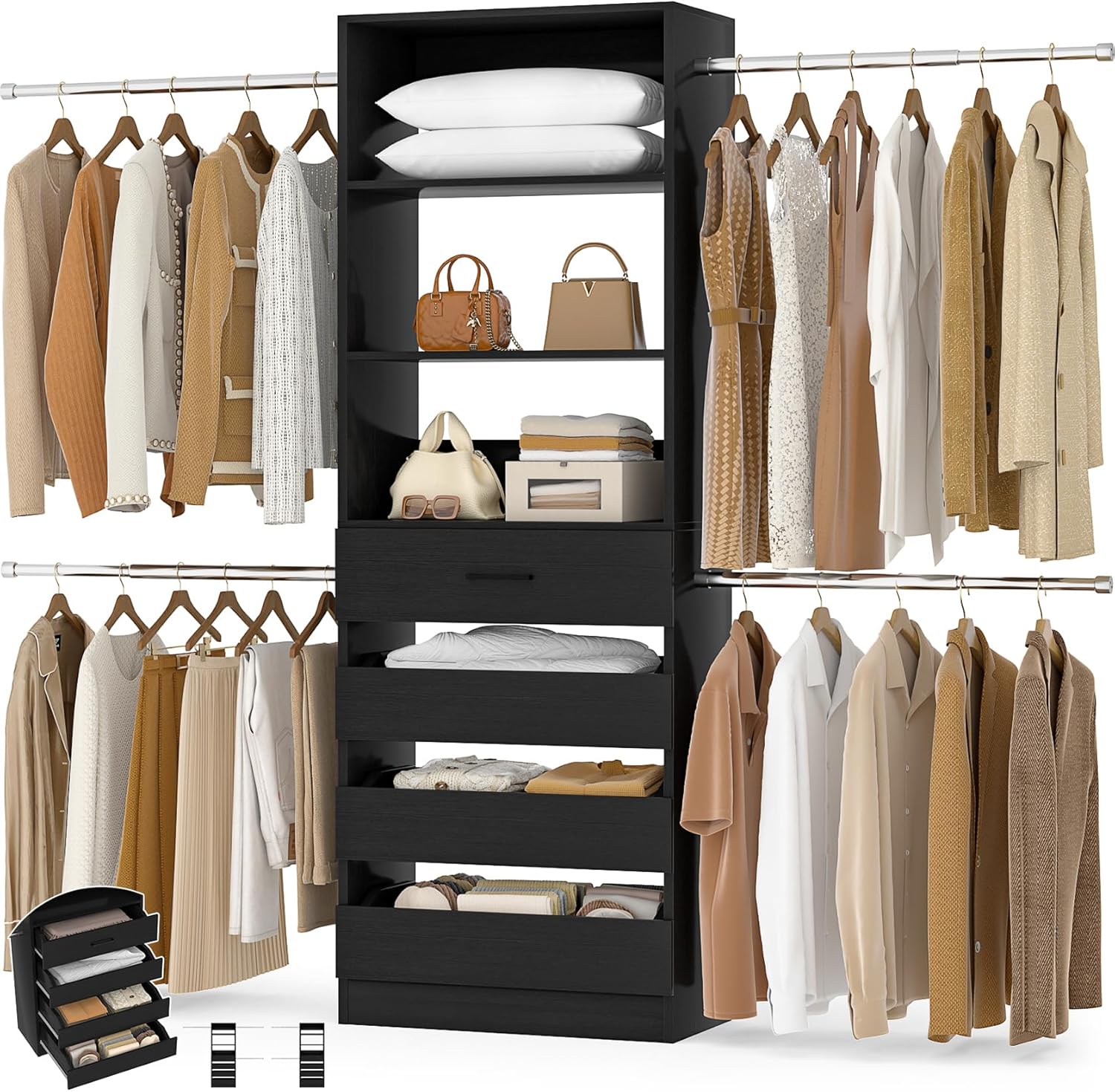 Aheaplus Closet System, 4-9Ft Closet Organizer with 4 Wooden Drawers, Wood Closet Organizer System with Tower, Walk-in Closet Organizer Wardrobe Clothes Rack with 4 Hanging Rods, Garment Rack, Black