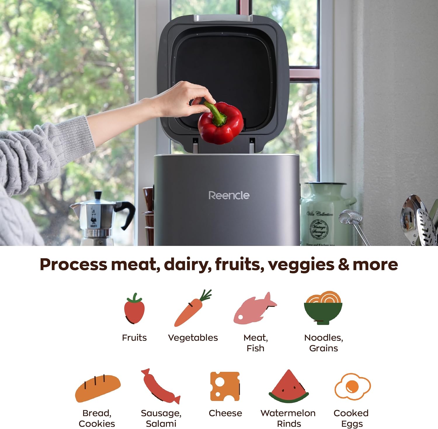 Reencle Prime Electric Composter - 14L Kitchen Composter, Decomposes Up to 2.2 lbs Food Waste Daily, Odorless Indoor Composting with Whisper-Quiet Technology & Rapid Decomposition (Silver)