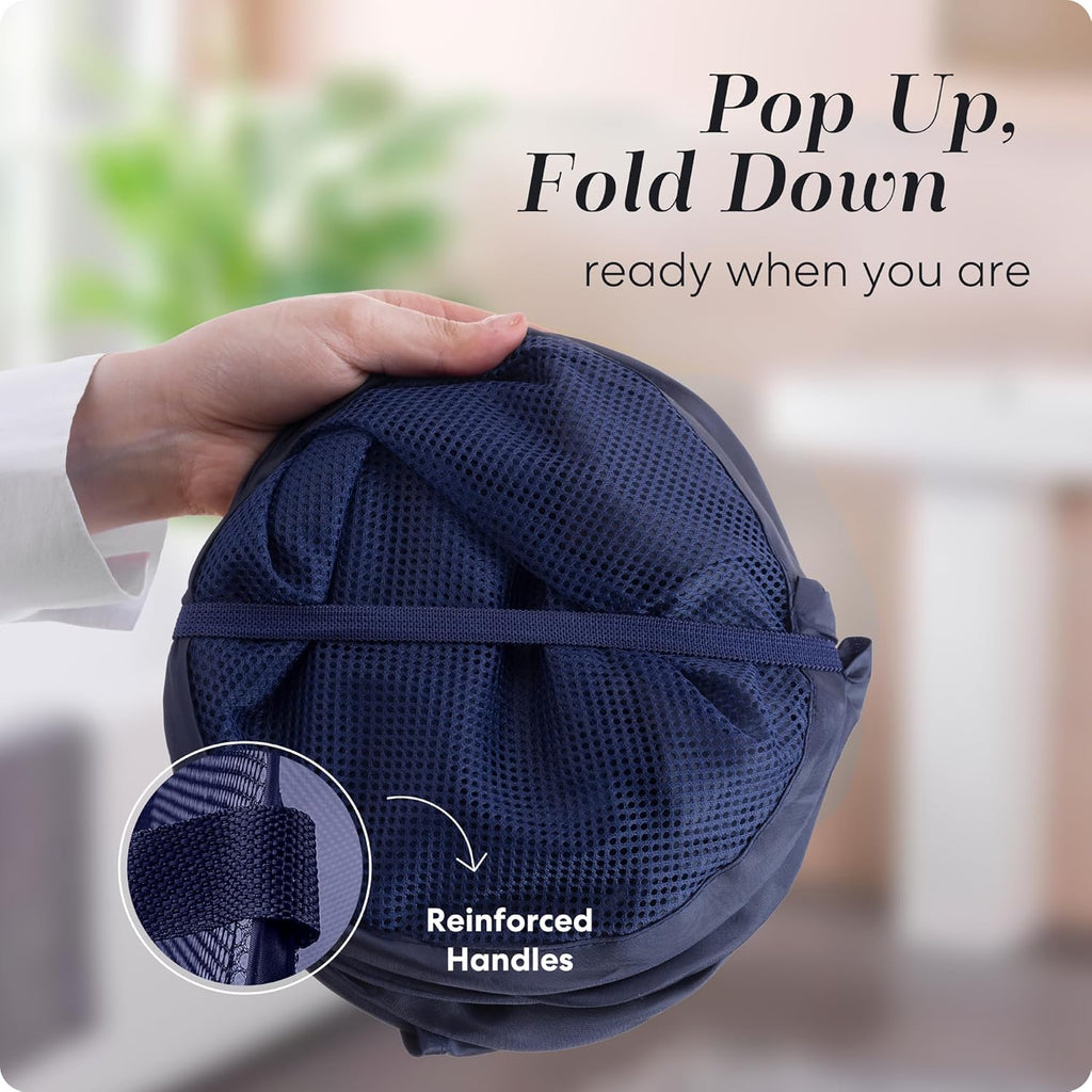 Handy Laundry Collapsible Mesh Pop Up Hamper with Wide Opening and Side Pocket - Breathable, Sturdy, Foldable, and Space-Saving Design for Clothes and Storage (Blue | 2-Pack)