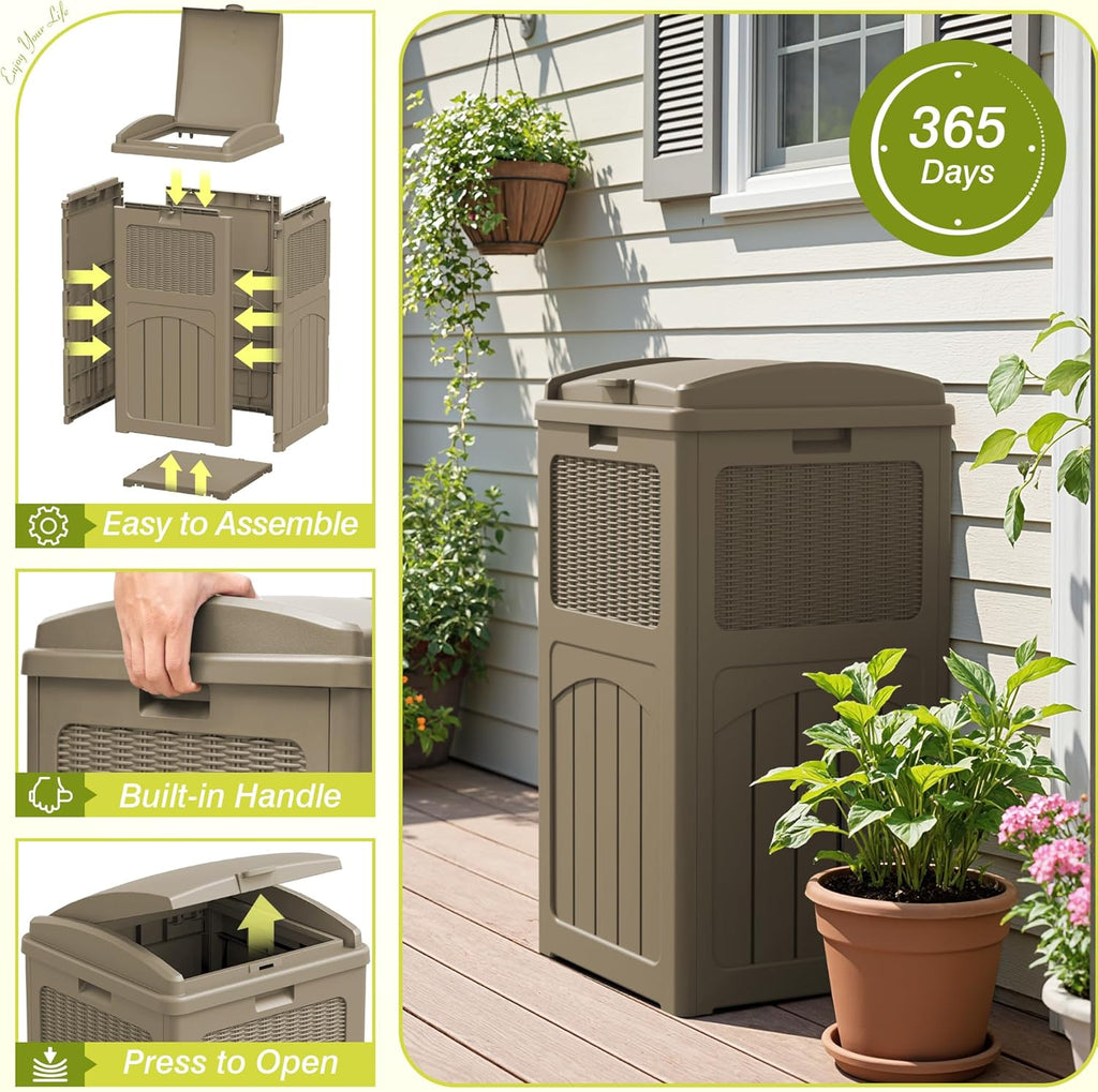 Greesum 33 Gallon Outdoor Trash Can with Lid (2-Pack), Heavy Duty Resin Garbage Bin, Waterproof & UV Resistant for Patio, Garden, Deck, Yard, Light Coffee