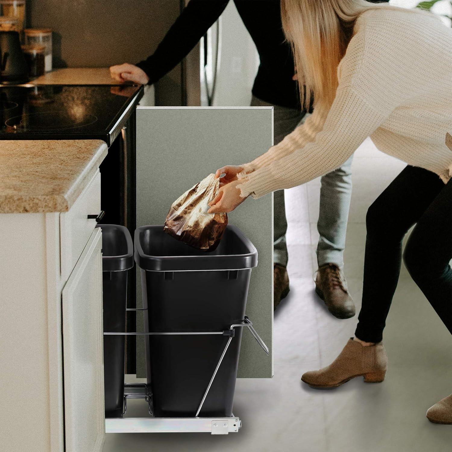 SUPER DEAL Double 35-Quart Pull Out Trash Can Under Cabinets Under Sink Garbage Sliding Waste Bin Container Recycling Bins with Chrome Wire Bottom Mount 44 lbs Load Capacity, Black