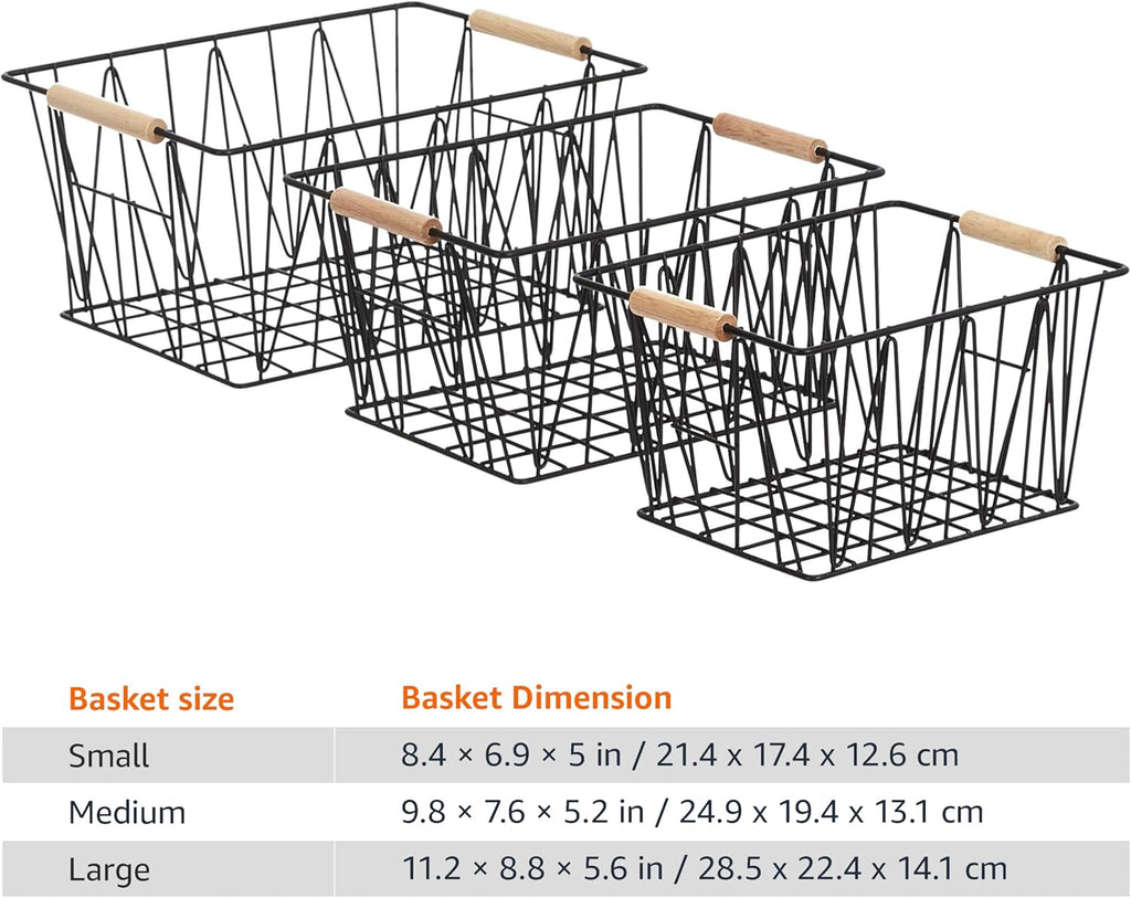 Amazon Basics Rectangular Wire Storage Baskets, Set of 3, Standard, Black