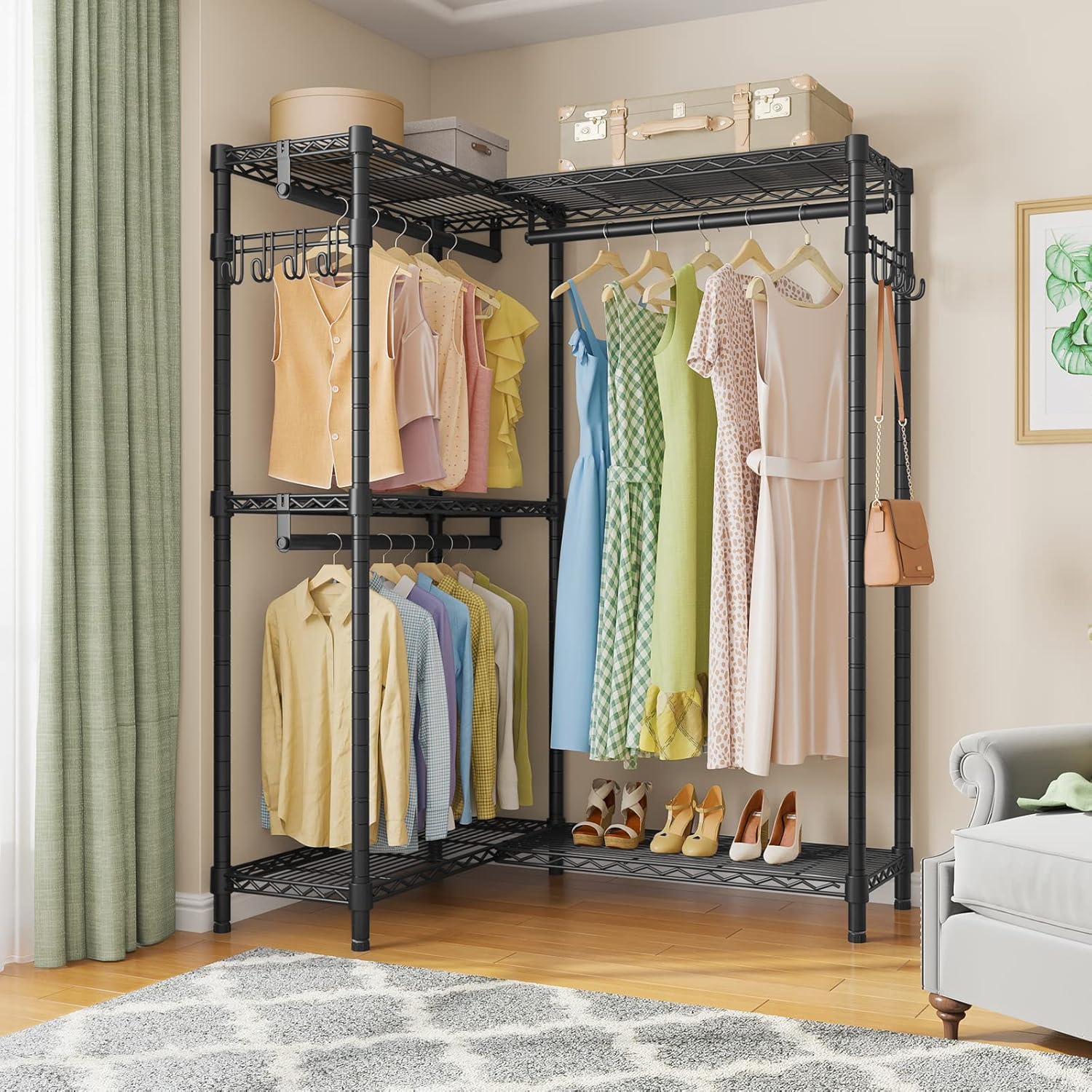 VIPEK L4 Garment Rack L Shaped Clothes Rack for Corner, Freestanding Portable Wardrobe Closet Heavy Duty Clothing Rack with 3 Hanging Rods & 2 Side Hooks, 43.3"Lx29.1"Wx76.4"H, Max Load 810LBS, Black