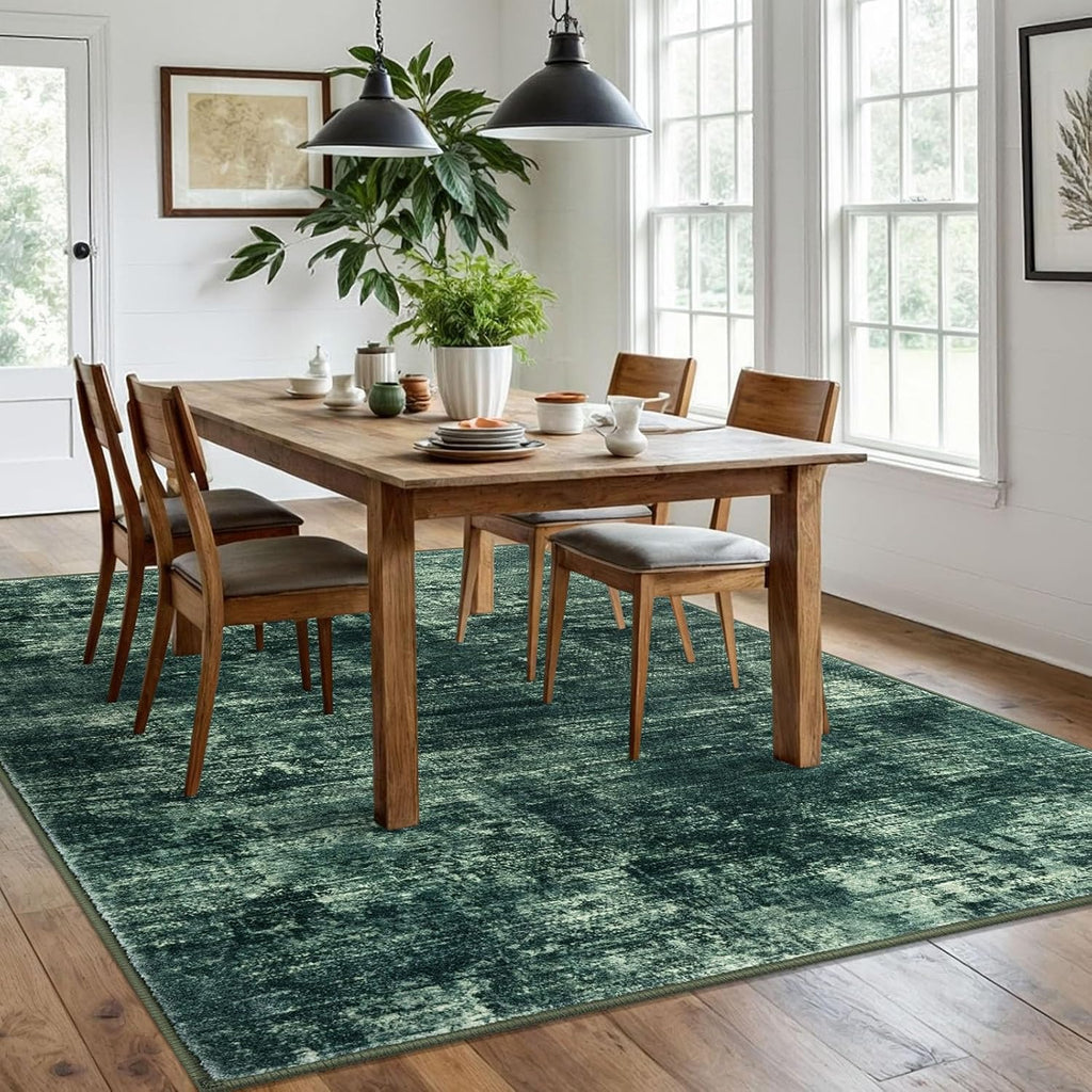 IOHOUZE Abstract Area Rugs 6x9 Ft Washable Rugs for Living Room, Non Slip Dining Room Rug, Printed Faux Wool Rugs for Bedroom, Floor Carpet for Office Nursery Playroom, Dark Green