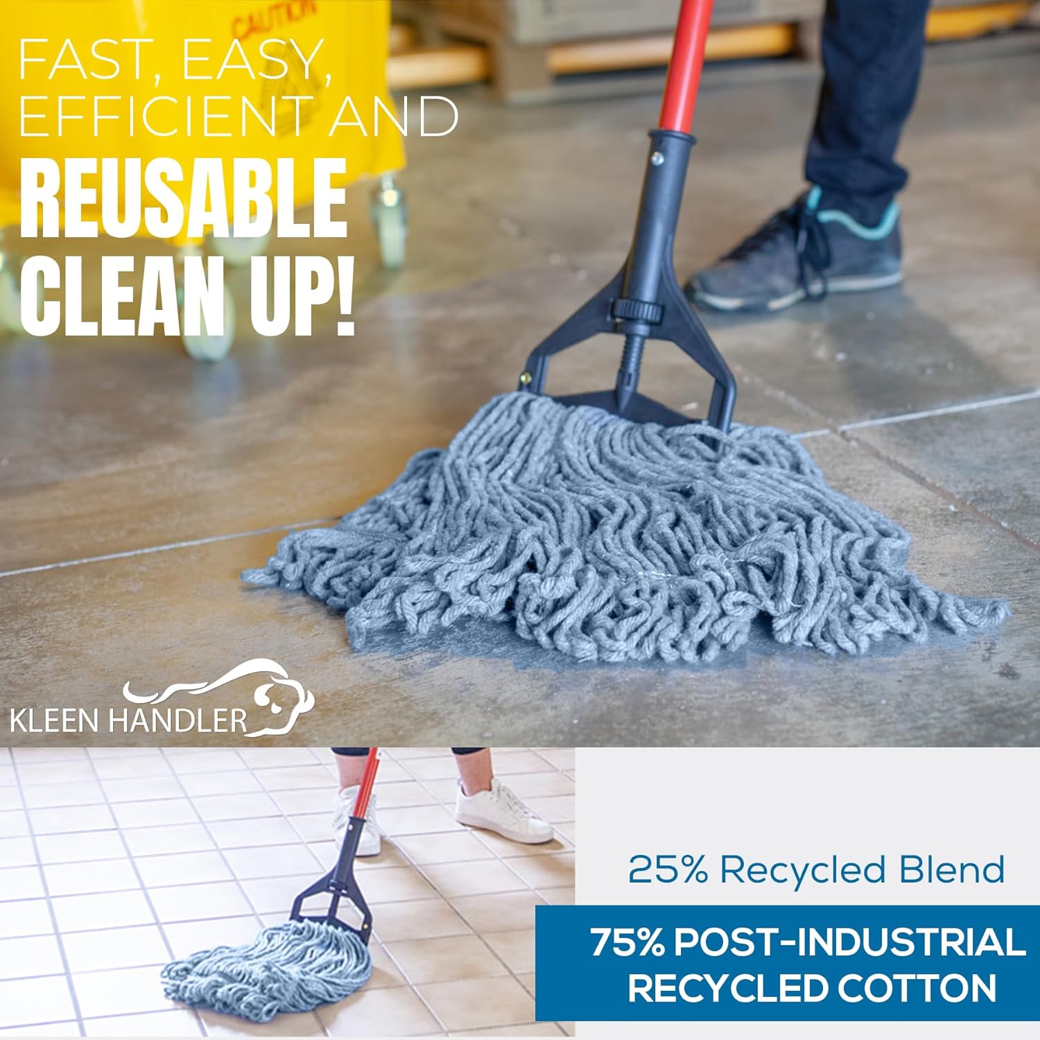 KLEEN HANDLER HEAVY DUTY Commercial Mop Head Replacement, Wet Industrial Blue Cotton Looped End String Cleaning Mop Head Refill (Case of 24)