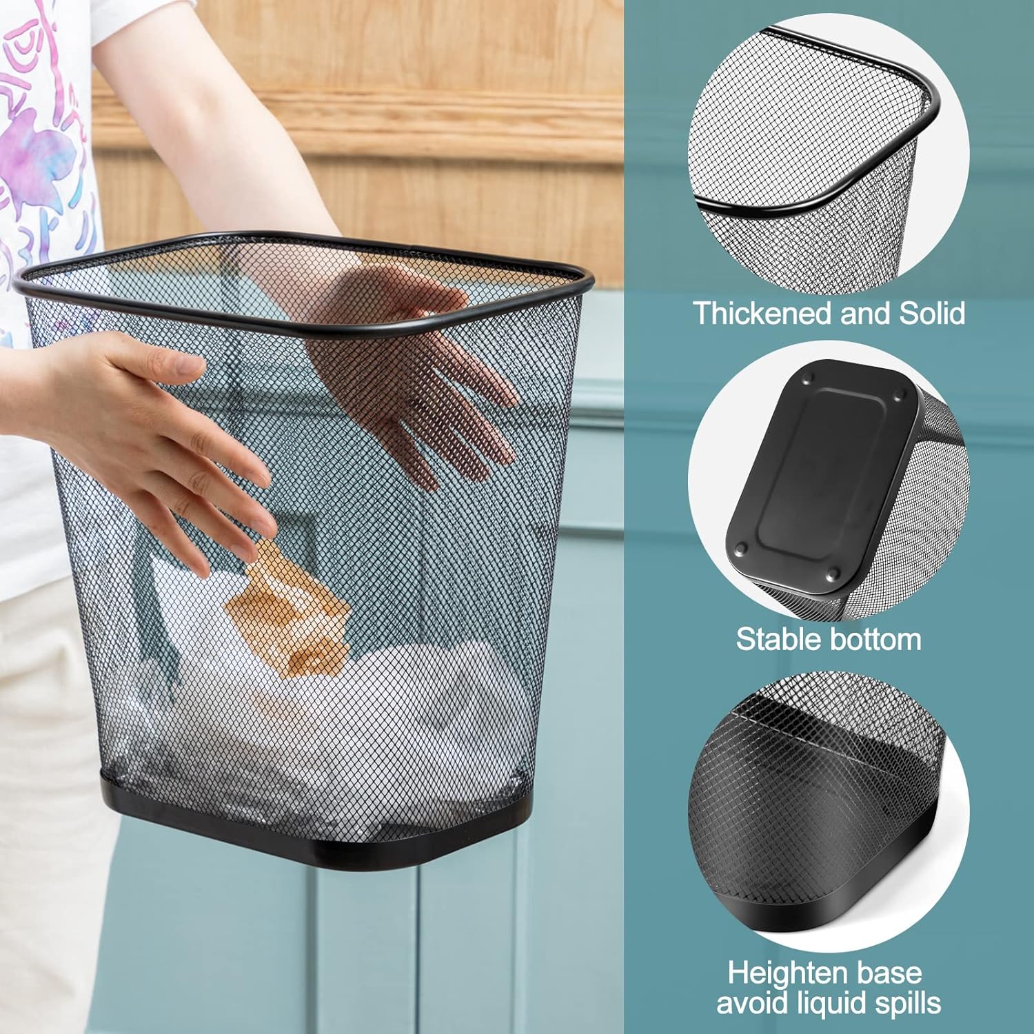 Nuanchu 6 Pcs Mesh Square Trash Cans 4 Gallons Wire Wastebasket for Home Black Metal Office Garbage Cans Rectangular Trash Bin for Kitchen Bathroom Bedroom, 11.7 x 8.5 x 11.8 Inch (Black)