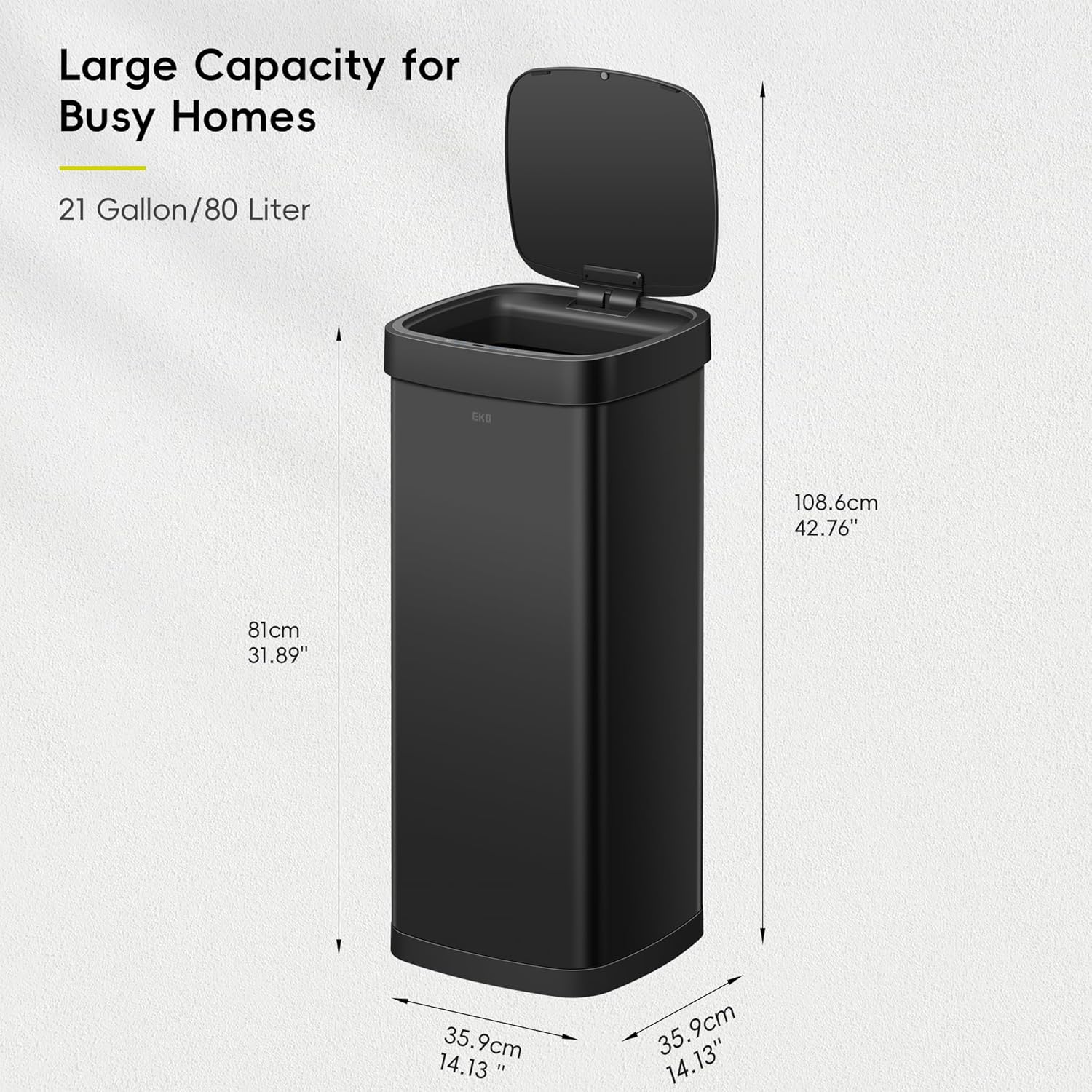 EKO EcoSmart 80L / 21.1 Gallon Motion Sensor Trash Can – Tall, Large Touchless Automatic Kitchen Garbage Bin with Soft-Close Lid for Home or Office, Brushed Stainless Steel, Matte Black