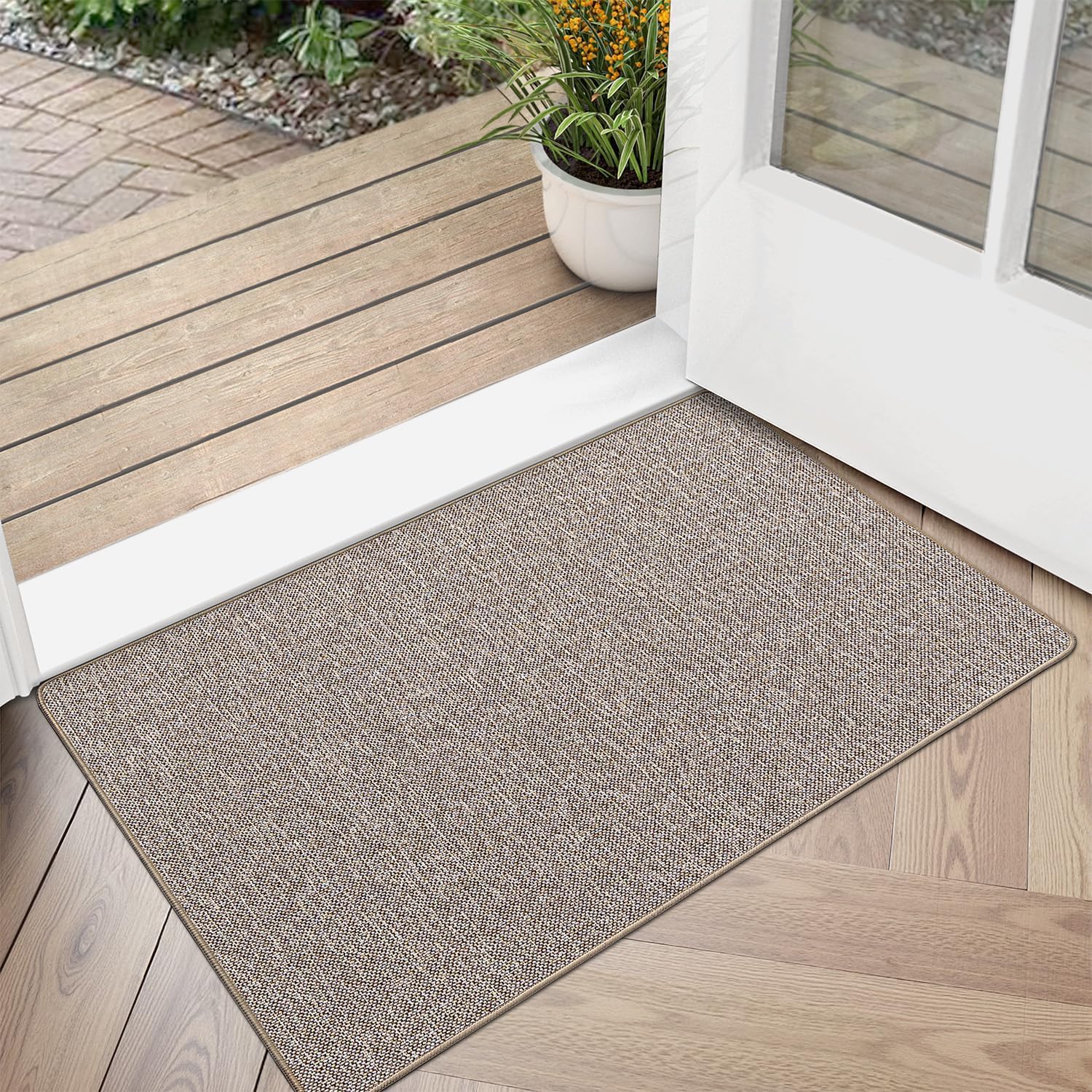 LUMI Ultra Thin Door Mat for Entryway, 24"x36" Low Profile Non Slip Rubber Backing Indoor Doormat, Easy Clean Welcome Entrance Mat for Inside House, Patio, Khaki