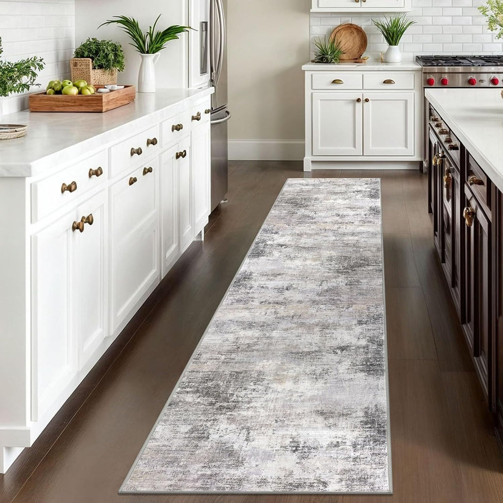 IOHOUZE Abstract Runner Rug 2x10 Ft Washable Runners for Hallways, Non Slip Kitchen Runner Printed Faux Wool Entryway Runner Indoor, Modern Abstract Floor Carpet for Hall Kitchen, Grey Beige
