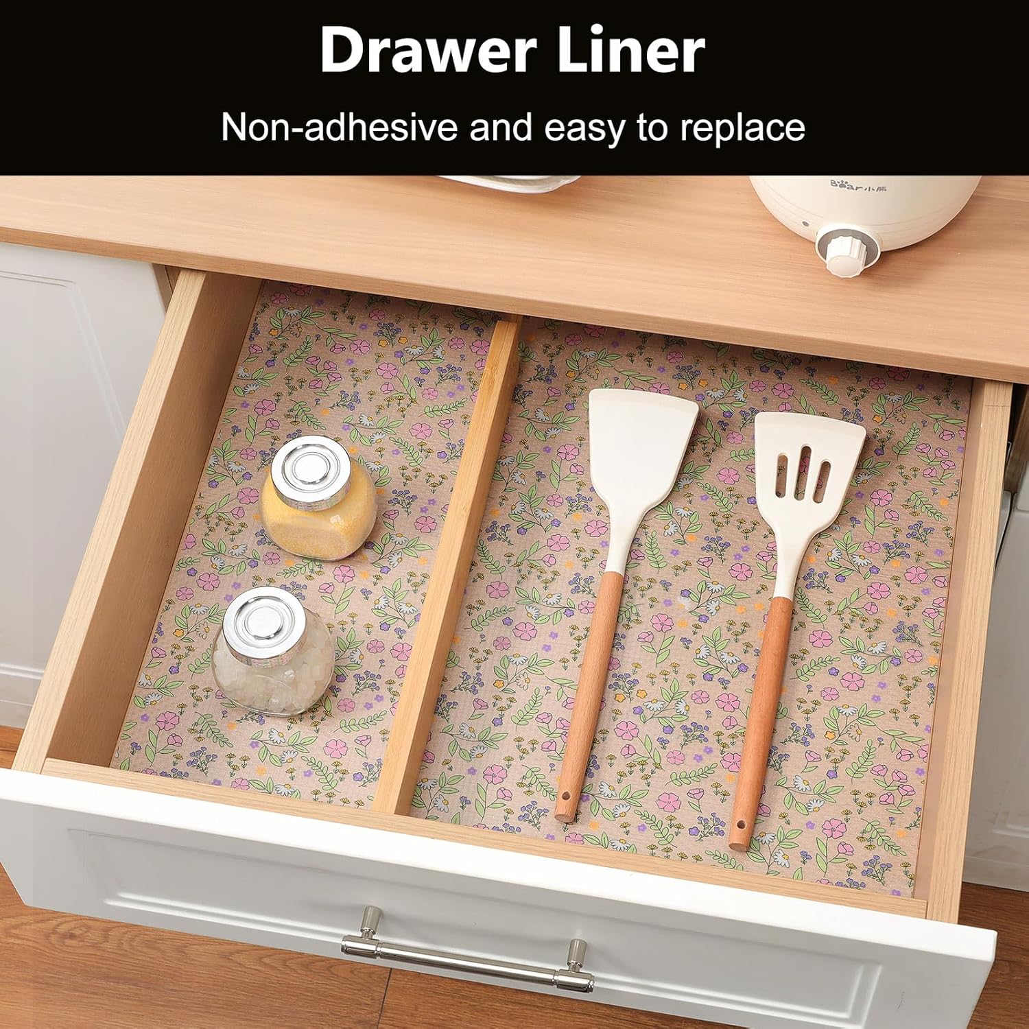 INNOLITES Non-Slip Shelf Liner – Cabinet & Drawer Liner Non-Adhesive – Waterproof Oil-Proof – Durable EVA with Floral for Kitchen Cabinets Refrigerator – BPA-Free, Easy to Cut 23.6" x 360"