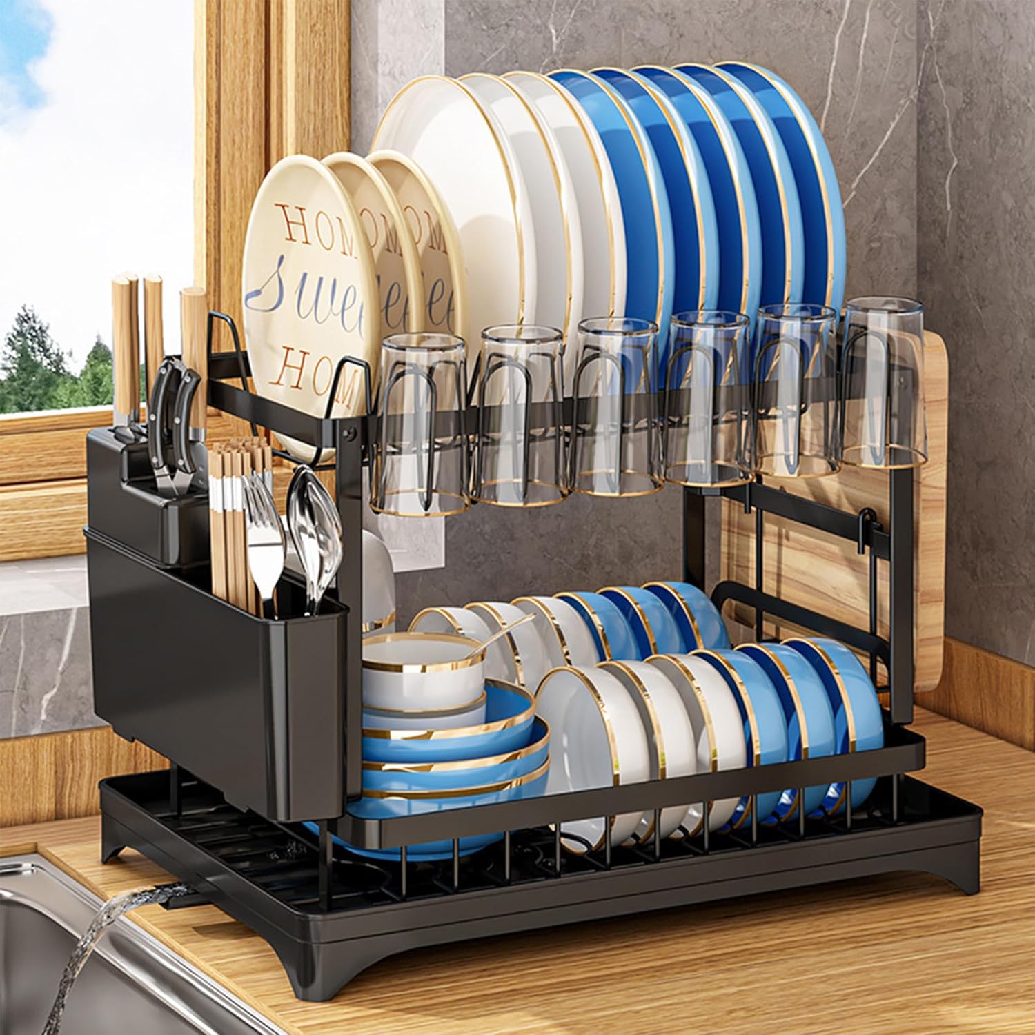 Dish Drying Rack-Dish Rack for Kitchen Counter, 2-Tier Kitchen Organizers and Storage Rack with Drainboard and Cutlery Holder, Large 1 Pack Carbon Steel