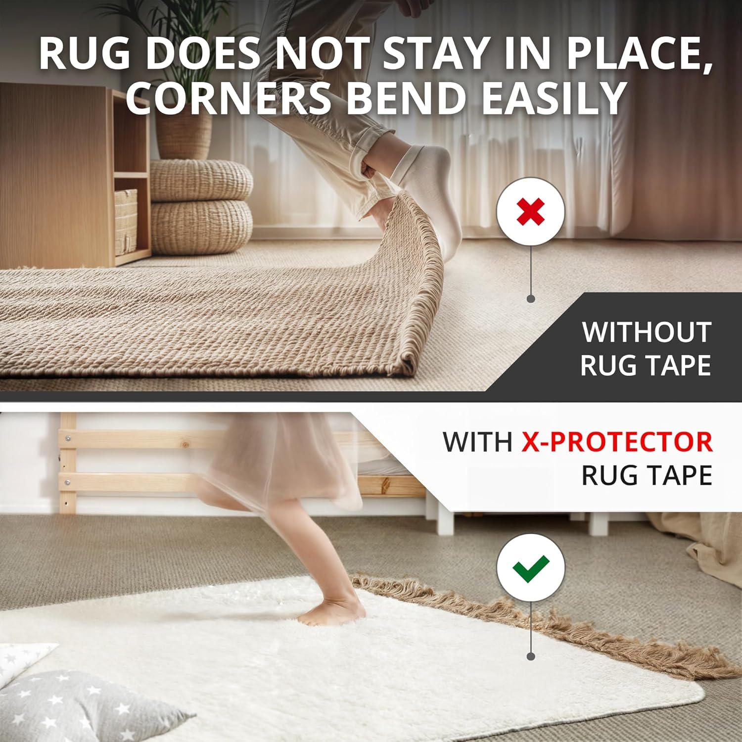 X-Protector Rug Tape for Carpet - 12 Pcs Set - White Anti-Slip & Anti-Curling Carpet Tape for Rugs - Premium Rug Pad Gripper - Ideal Carpet Corner Grippers to Keep Your Rugs & Make Corners Flat