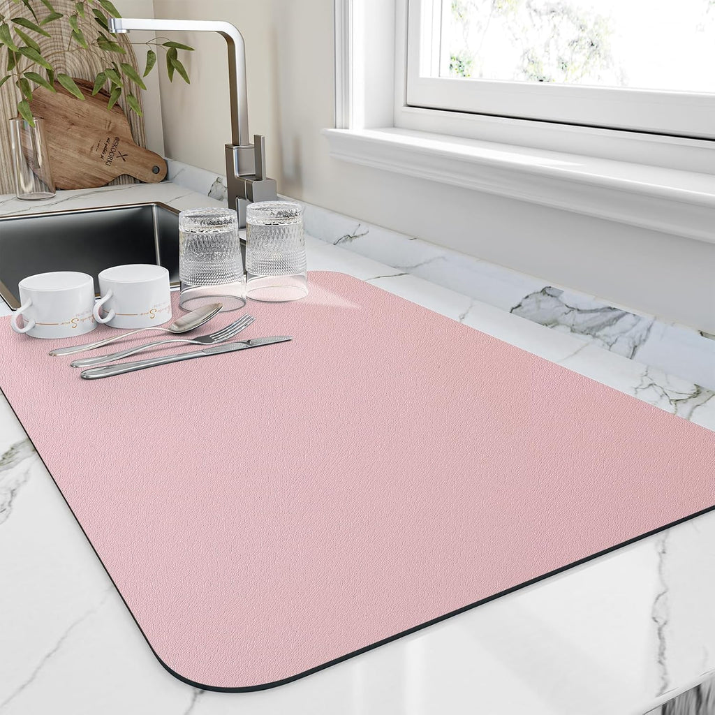 Dish Drying Mat for Kitchen Counter, Heat Resistant Drainer Mats with Non-slip Rubber Backed, Hide Stain Kitchen Super Absorbent Draining Mat, Easy to Clean Dish Rack Pad, Pink 16"x20"