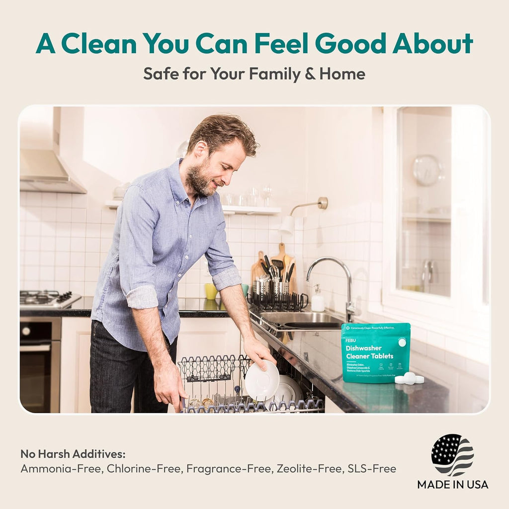 FEBU Dishwasher Cleaner Tablets Made in USA | Natural Dishwasher Cleaner and Deodorizer | Eliminates Grease & Grime | 8 Natural, Biodegradable, Plant-Based Ingredients | 24 Tablets - 12 Month Supply