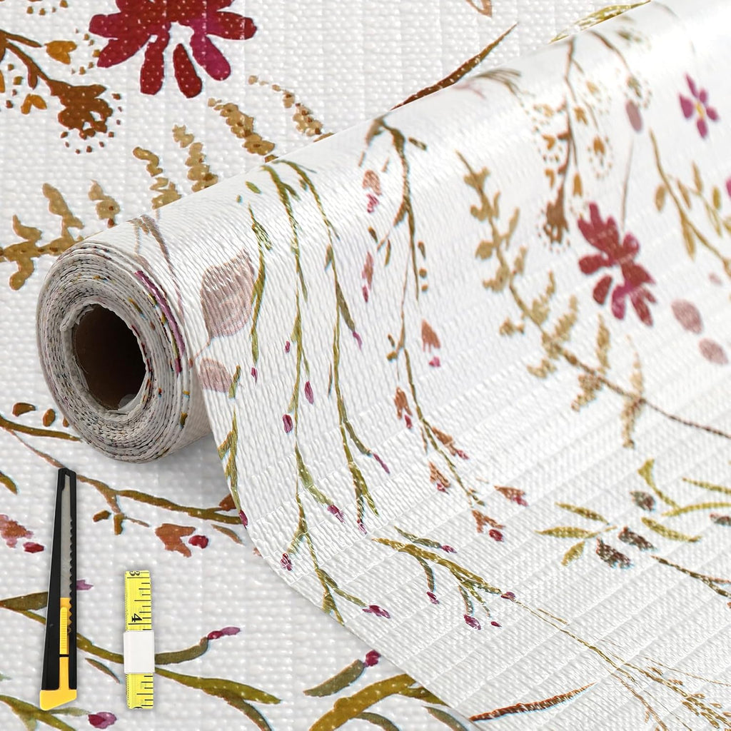 FINNEZ Shelf and Drawer Liner 12in x 20FT with Cutting Tool, Non Slip Non Adhesive Drawer Liners for Kitchen Cabinets, Waterproof Floral Cabinet Liner for Shelves, Refrigerator