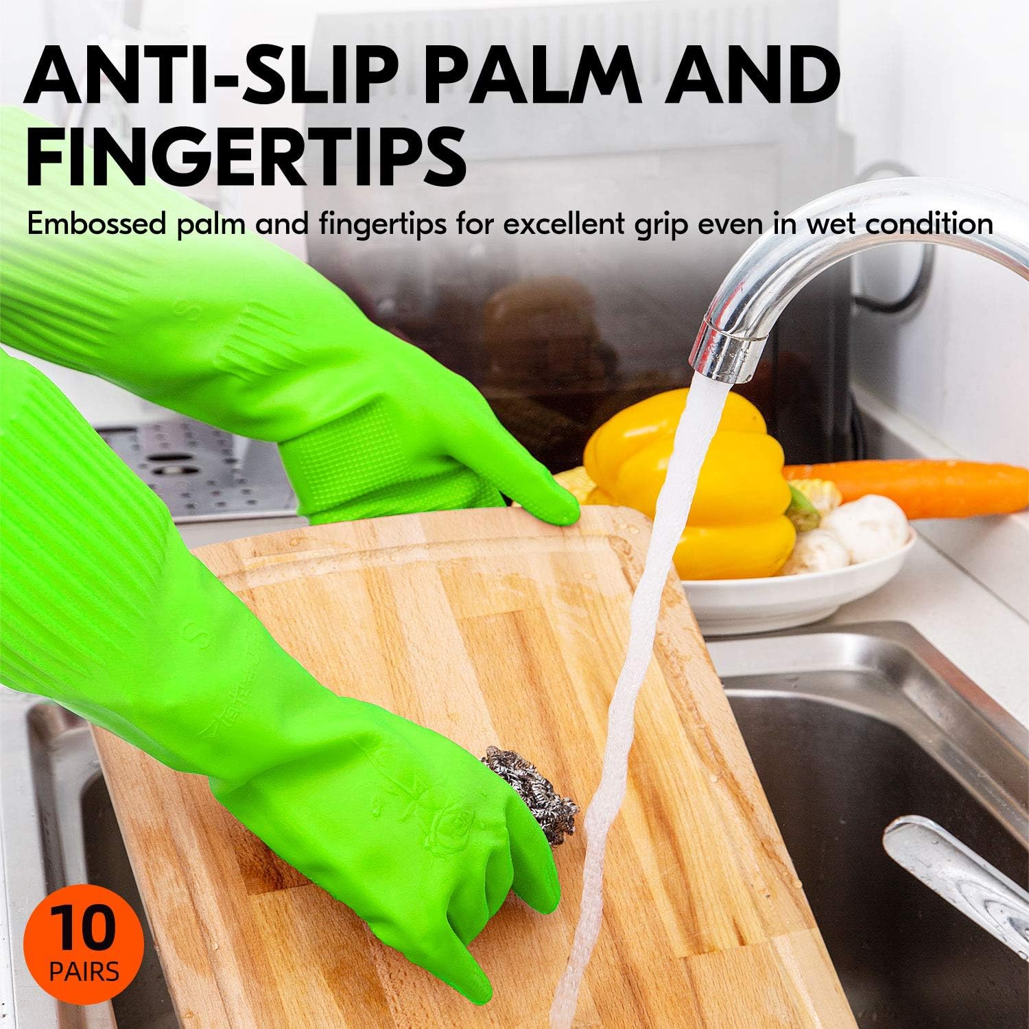 Vgo... 10-Pairs Dishwashing Gloves, Reusable Household Gloves, Long Sleeve, Thick Latex, Cleaning, Washing, Working, Painting, Gardening, Pet Care (Size L, Green, RB2143)