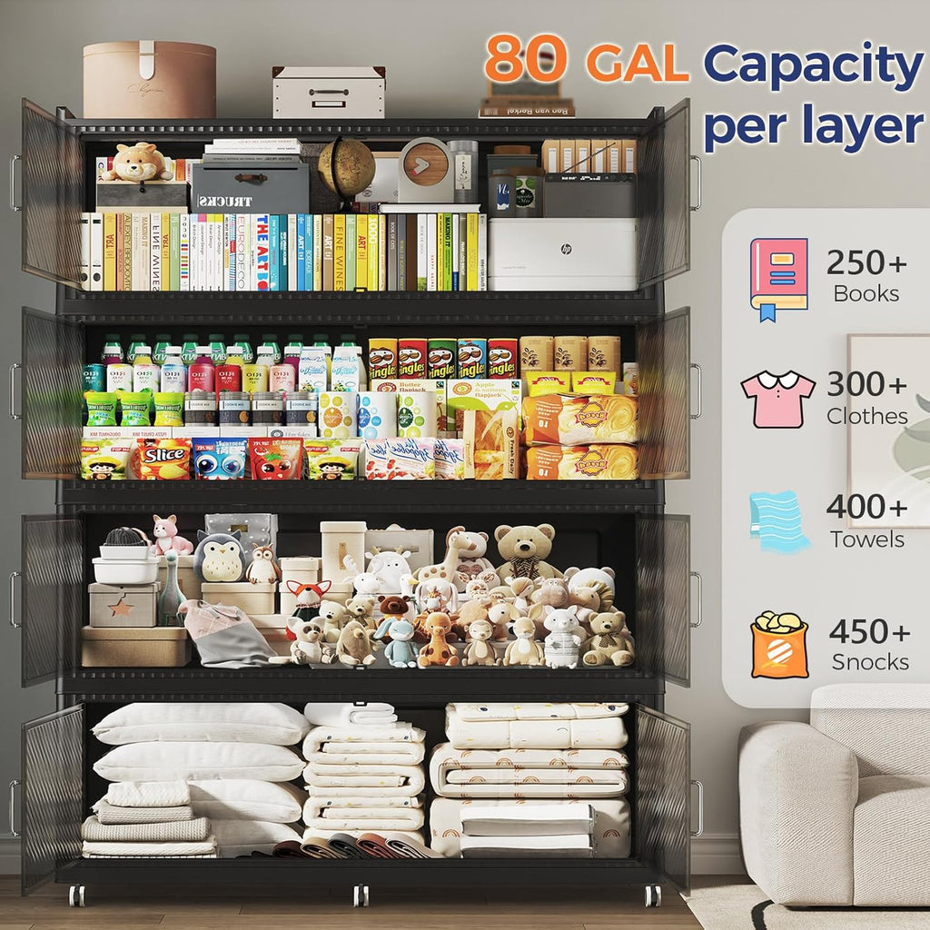 240GAL Extra Large Storage Bins with Lid, 960QT Collapsible Organizer with Wheels, Stackable Closet Cabinet with Doors, Folding Storage Containers for Home, Office, Dorm, 3Pack Black