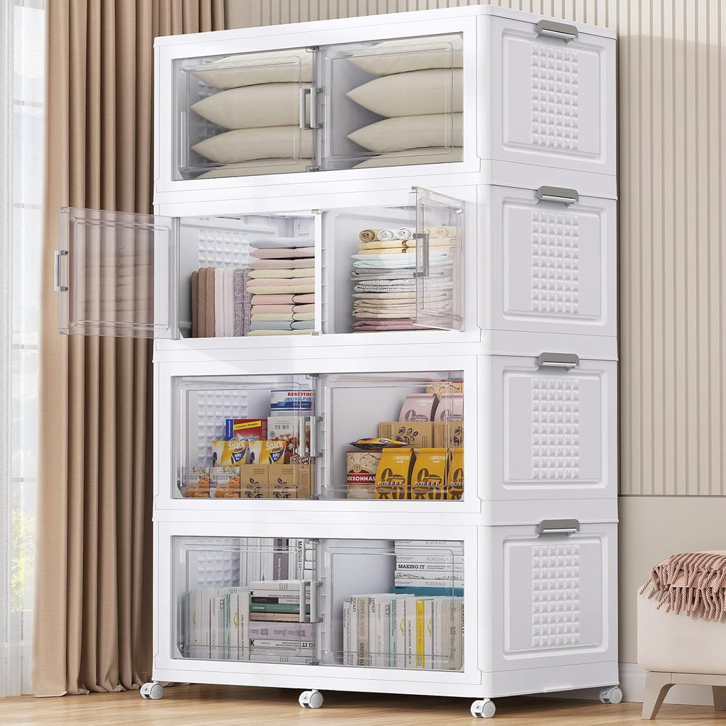 BROVIEW 69.3"H 200Gal Plastic Storage Bins with Lid & Wheels,4Pack Extra Large Stackable Storage Bins with Dividers,Closet Organizers and Storage Cabinet Collapsible Box Shelves for Home Kitchen,White