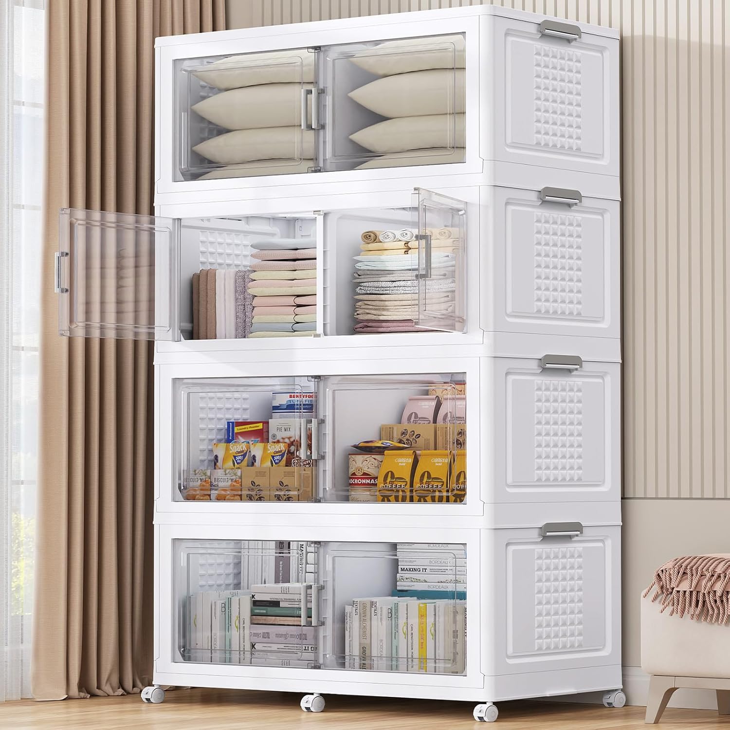 BROVIEW 69.3"H 200Gal Plastic Storage Bins with Lid & Wheels,4Pack Extra Large Stackable Storage Bins with Dividers,Closet Organizers and Storage Cabinet Collapsible Box Shelves for Home Kitchen,White