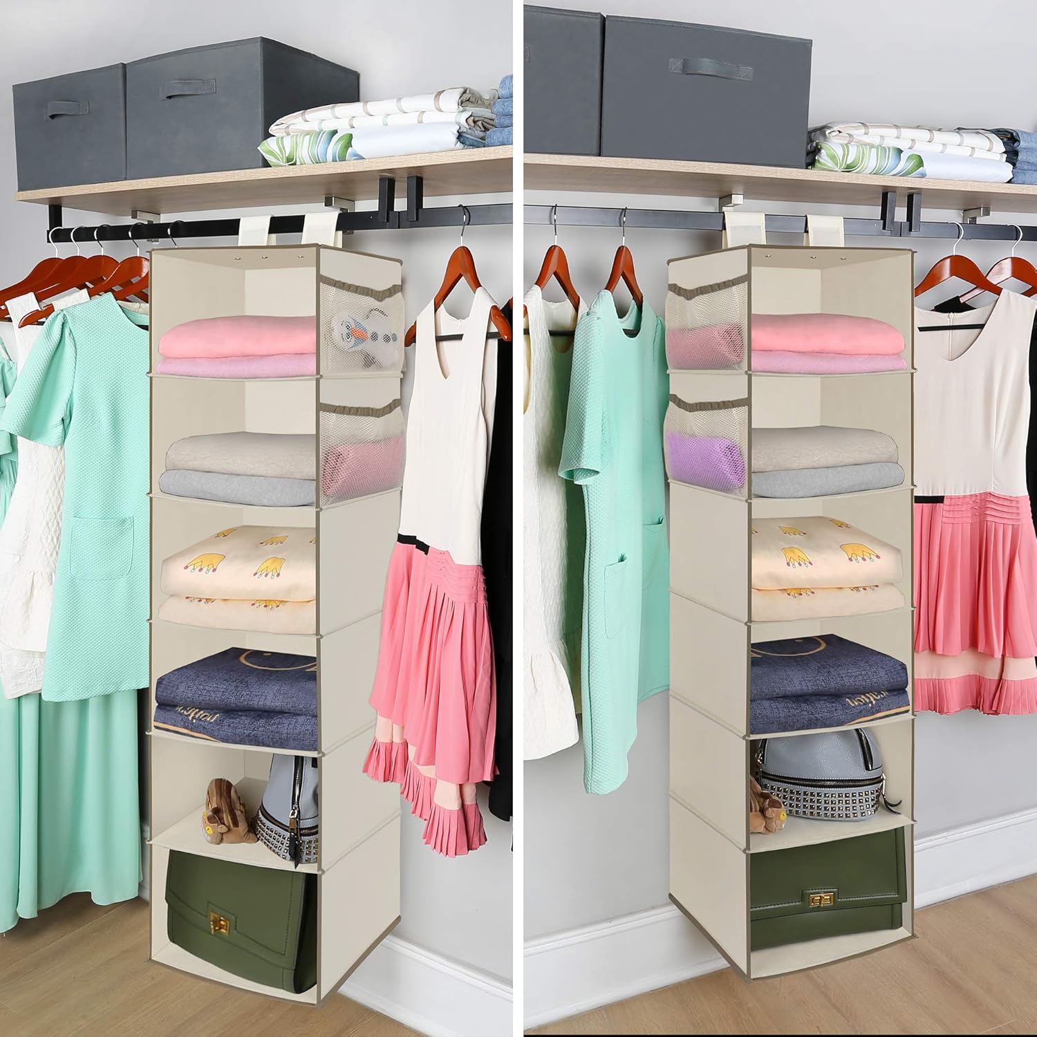 MAX Houser 6 Tier Shelf Hanging Closet Organizer, Closet Hanging Shelf with 2 Widen Straps for Storage, Foldable (Beige2)