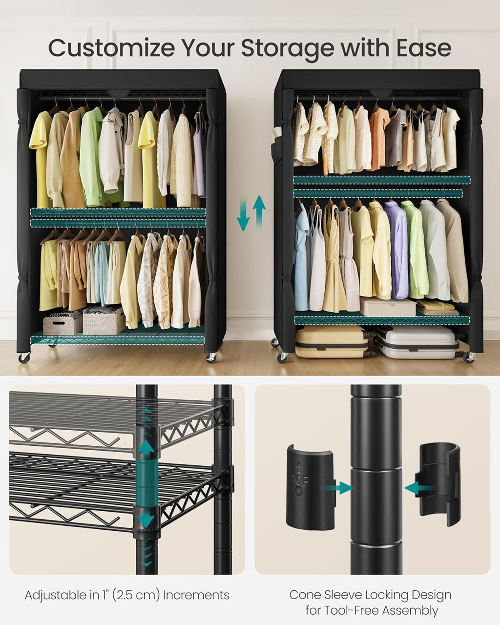 SONGMICS Heavy-Duty Rolling Clothes Rack, Garment Rack, Portable Closet, 43.3-Inch Wide Clothing Rack on Wheels, with Adjustable Mesh Shelves and Hanging Rails, Fabric Cover, Ink Black ULGR415B01