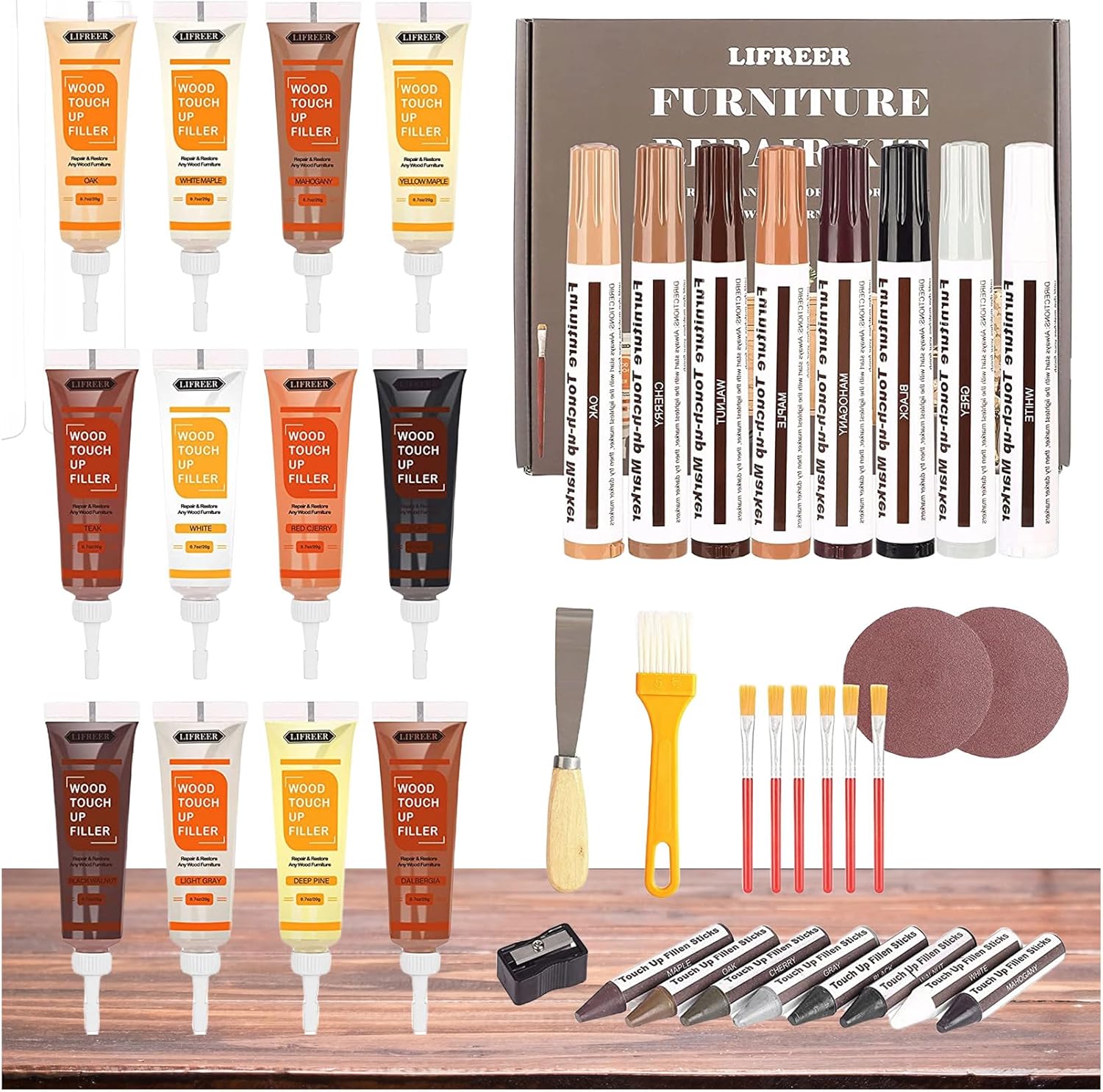 Lifreer Wood Furniture Repair Kit - 40 Pcs Wood Filler, Touch Up Markers with Wax Sticks - for Wood Floors, Stains, Scratches,Tables, Door, Carpenters, Bedposts