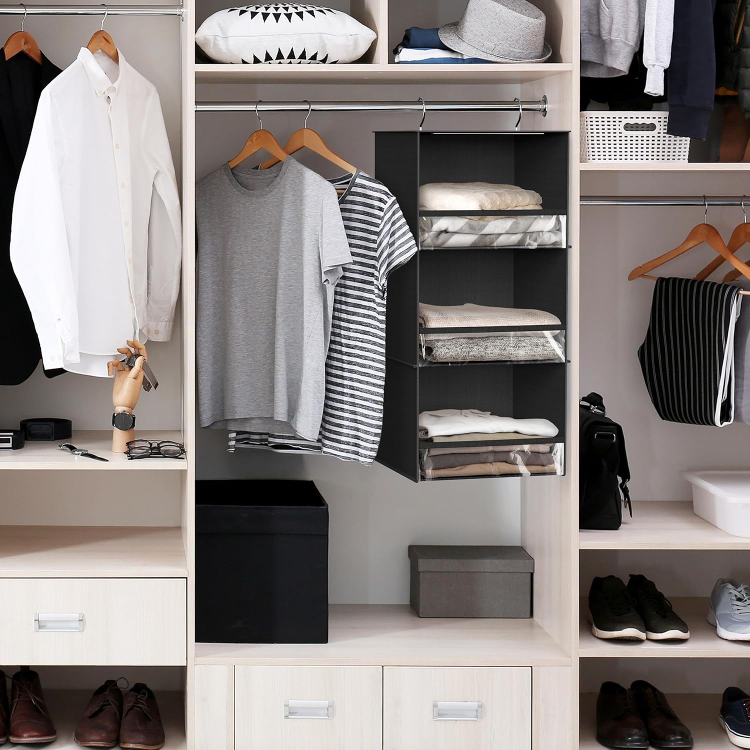 Simple Houseware 3 Shelf Hanging Closet Organizer with Front Stopper, Black
