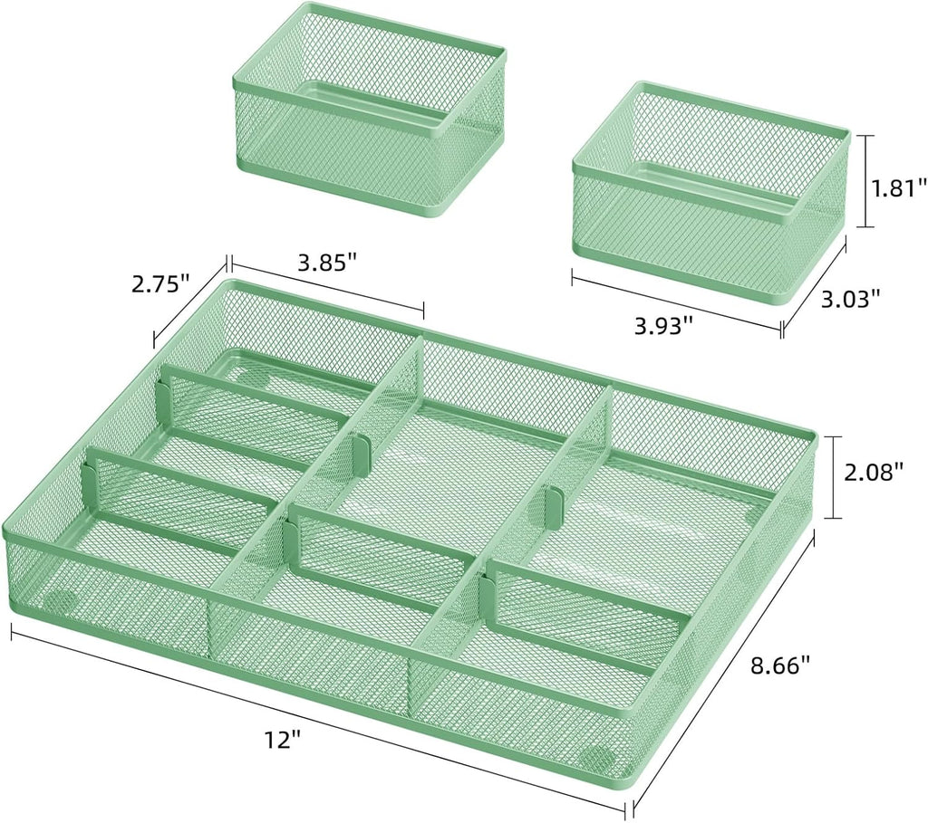 Marbrasse 3 Packs Desk Drawer Organizers, Metal Mesh Dividers with 9 Adjustable Compartments, Pen Organizer for Drawer Tray Box Accessories for Desktop,Kitchen, Makeup(Green)