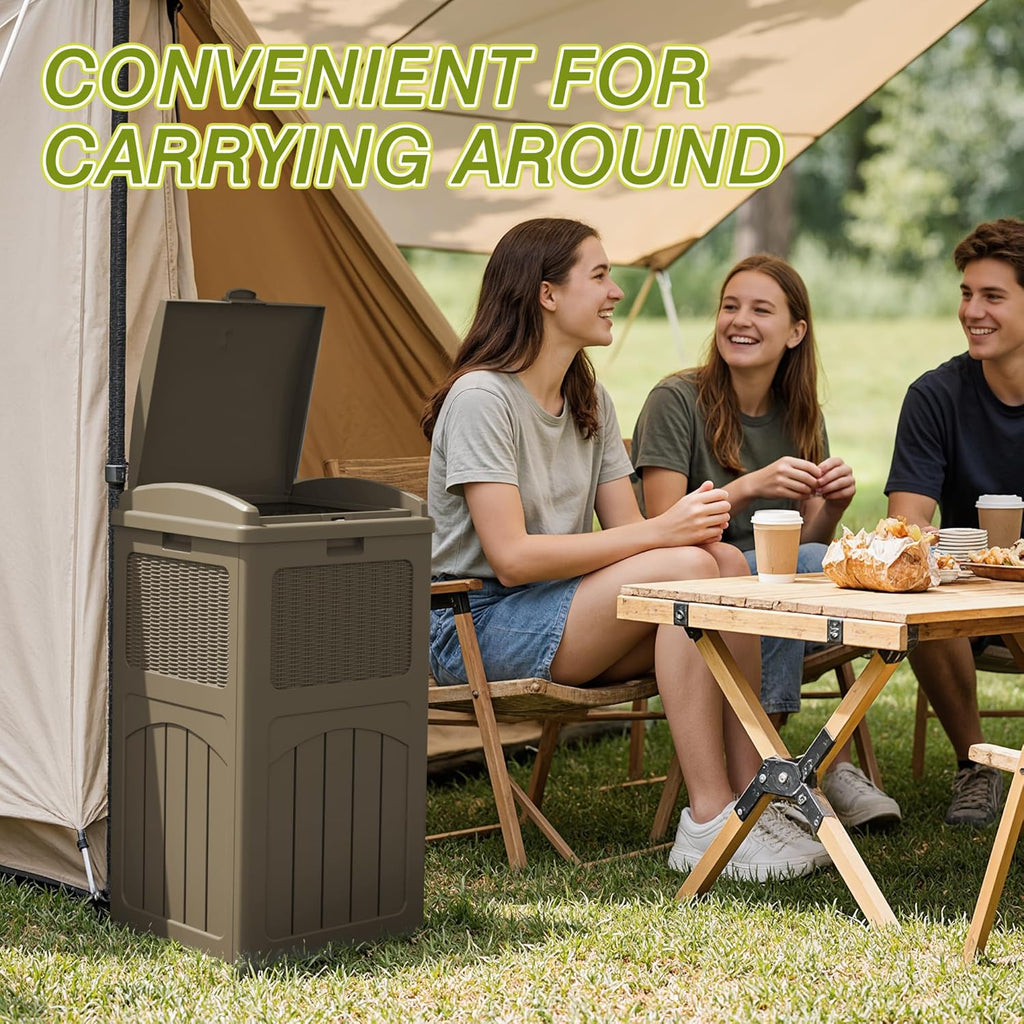 Greesum 33 Gallon Resin Outdoor Trash Can with Lid, Waterproof Resin Garbage Bin for Hideaway, Patio, Deck, 4 Pack, Light Brown