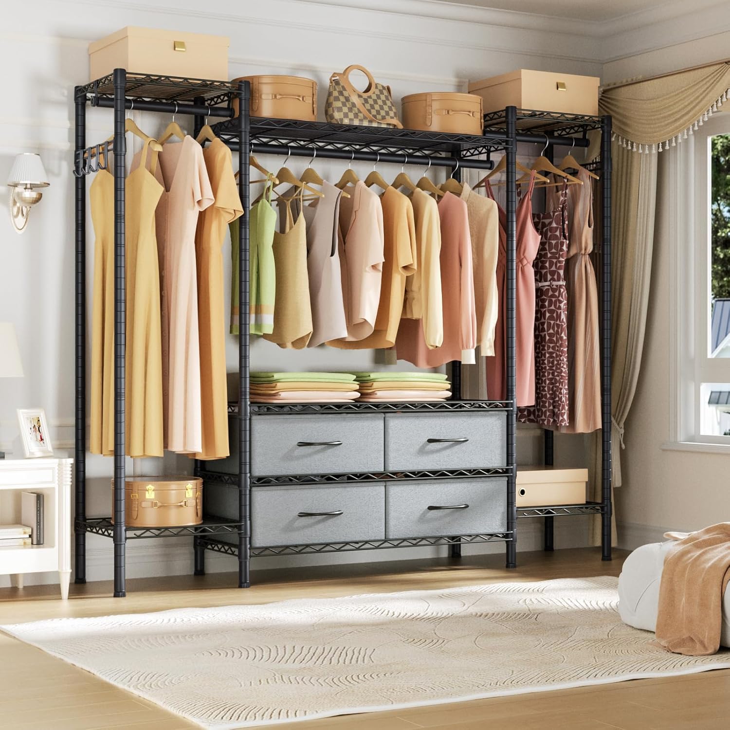 Large Garment Rack Heavy Duty Clothes Rack,Freestanding Closet Portable Clothing Rack with 8 Adjustable Wire Shelves,3 Hang Rods,4 Fabric Drawers,2 Hooks,Metal Closet Storage Wardrobe,MaxLoad 900lbs