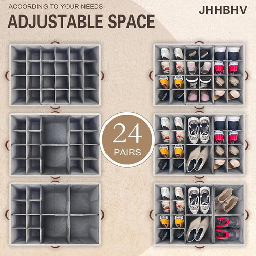 1 Pack Shoe Organizer for Closet, Adjustable Shoe Box Storage Containers, Large Foldable Shoe Bins with Clear Cover, Space Saving Shoes Holder with 4 Handles, Fits 12-24 Pairs, Beige
