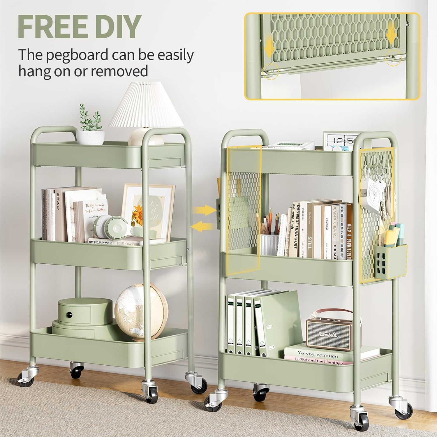 TOOLF 3 Tier Rolling Cart Storage Organizer, Metal Rolling Utility Cart with Wheels, Hooks & Bins Esthetician Craft Art Sturdy Storage with Pegboard for Bathroom, Kitchen, Office, Nursery Diaper