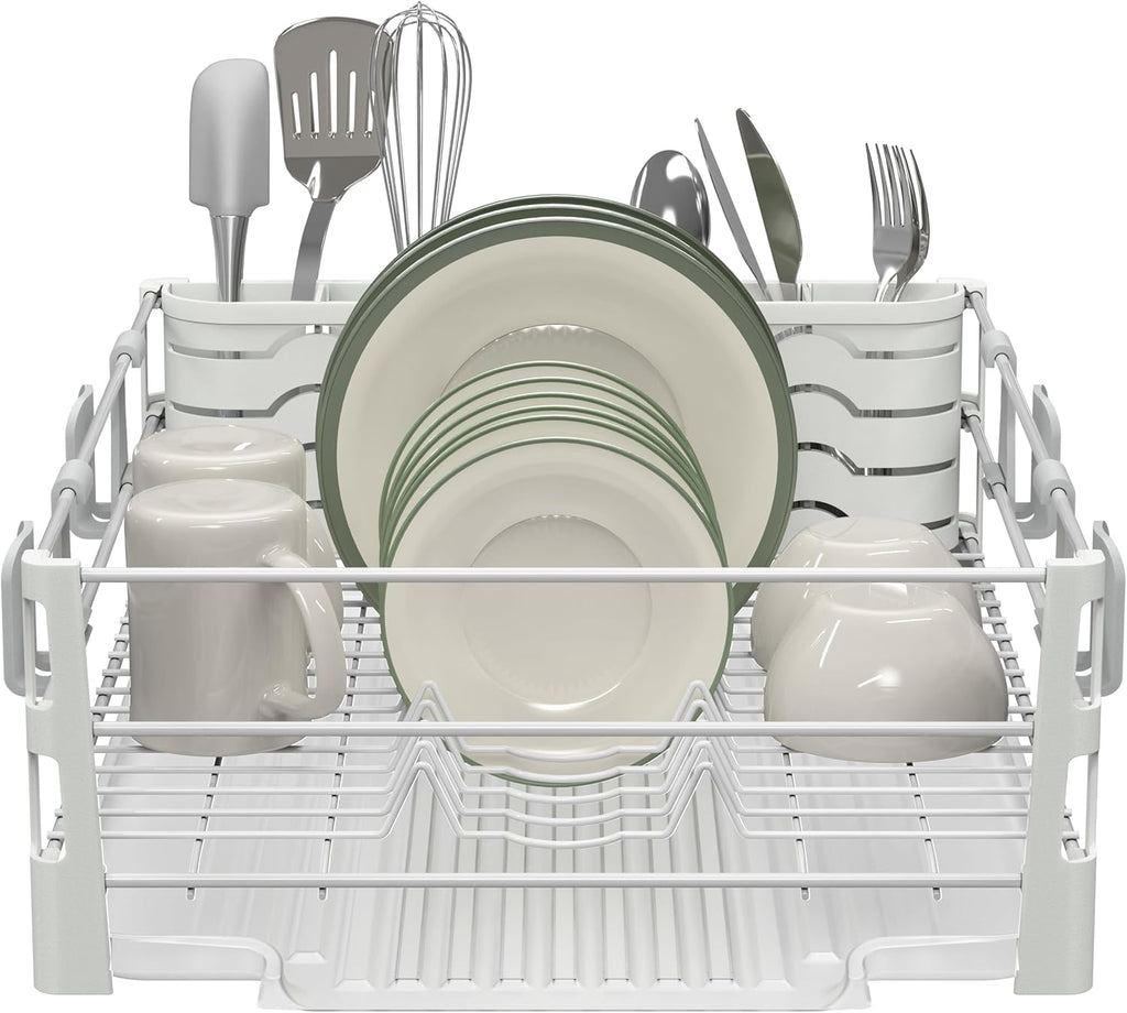SIMPLE HOUSEWARE White Dish Drying Rack with Drainboard, Utensil Holder & Mug Hooks – Metal Kitchen Counter Organizer
