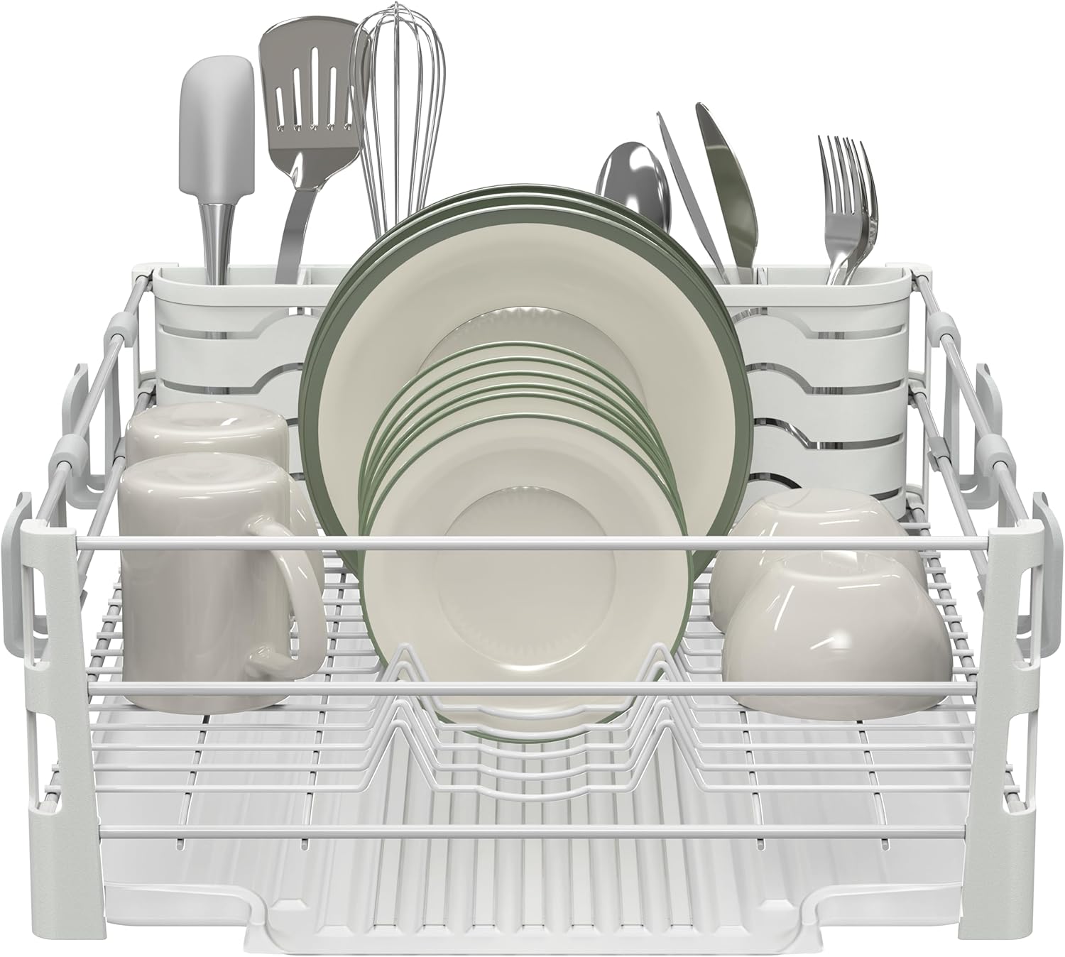 SIMPLE HOUSEWARE White Dish Drying Rack with Drainboard, Utensil Holder & Mug Hooks – Metal Kitchen Counter Organizer