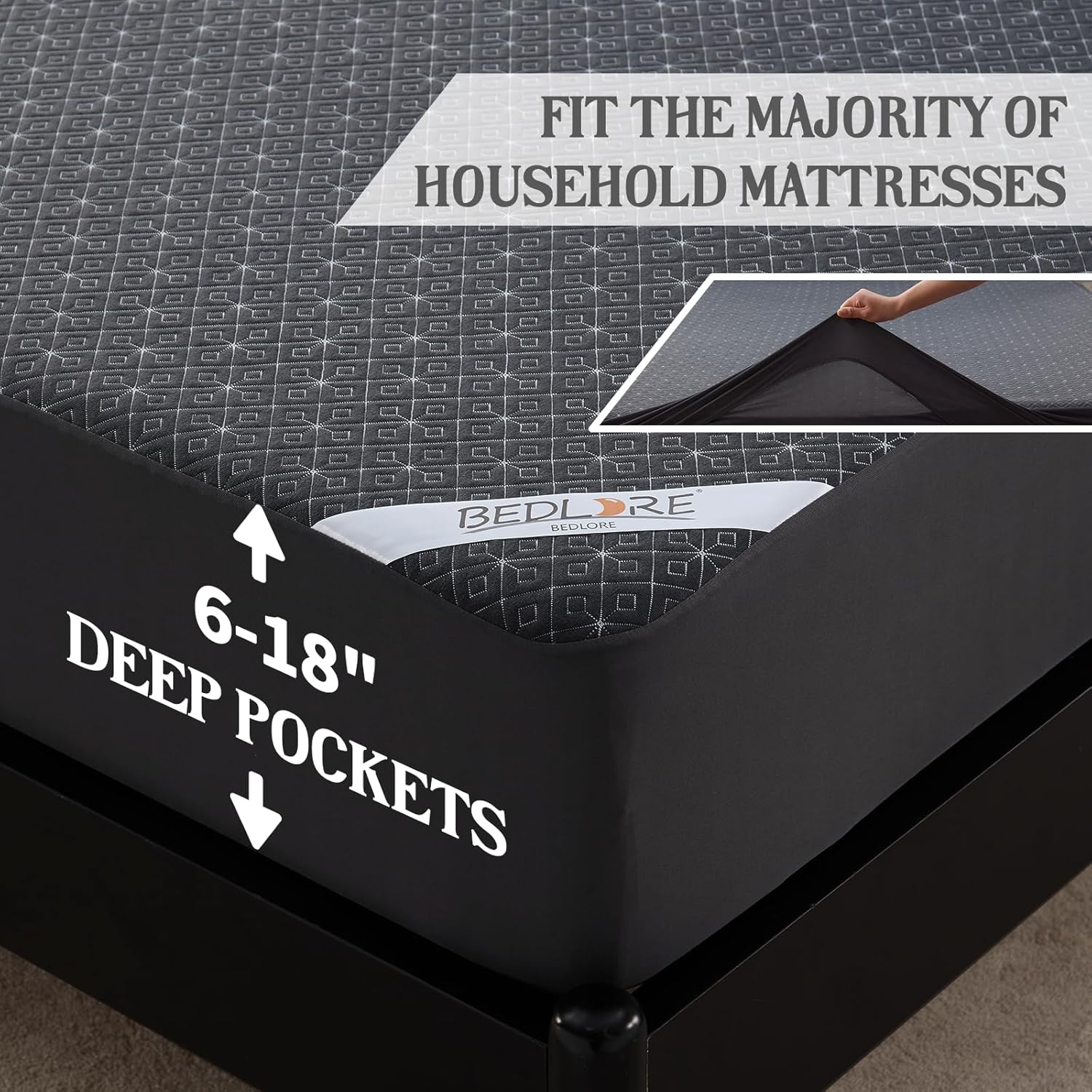 BEDLORE Queen Mattress Protector, Waterproof Noiseless Mattress Cover with Deep Pocket for 6-18 inches Mattress, Soft Breathable Mattress Pad Machine Washable (Dark Gray)