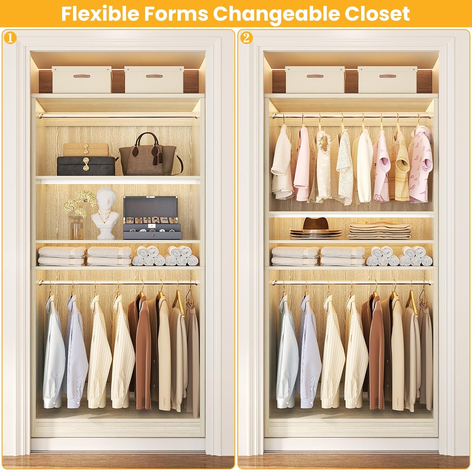 Unikito 3FT Freestanding Closet System with 2 Hanging Rods & Adjustable Shelve, 36'' Wood Closet Organizer System, Clothes Garment Rack, Sturdy Walk-in Closet Wardrobe Tower, Easy Assembly, White Oak