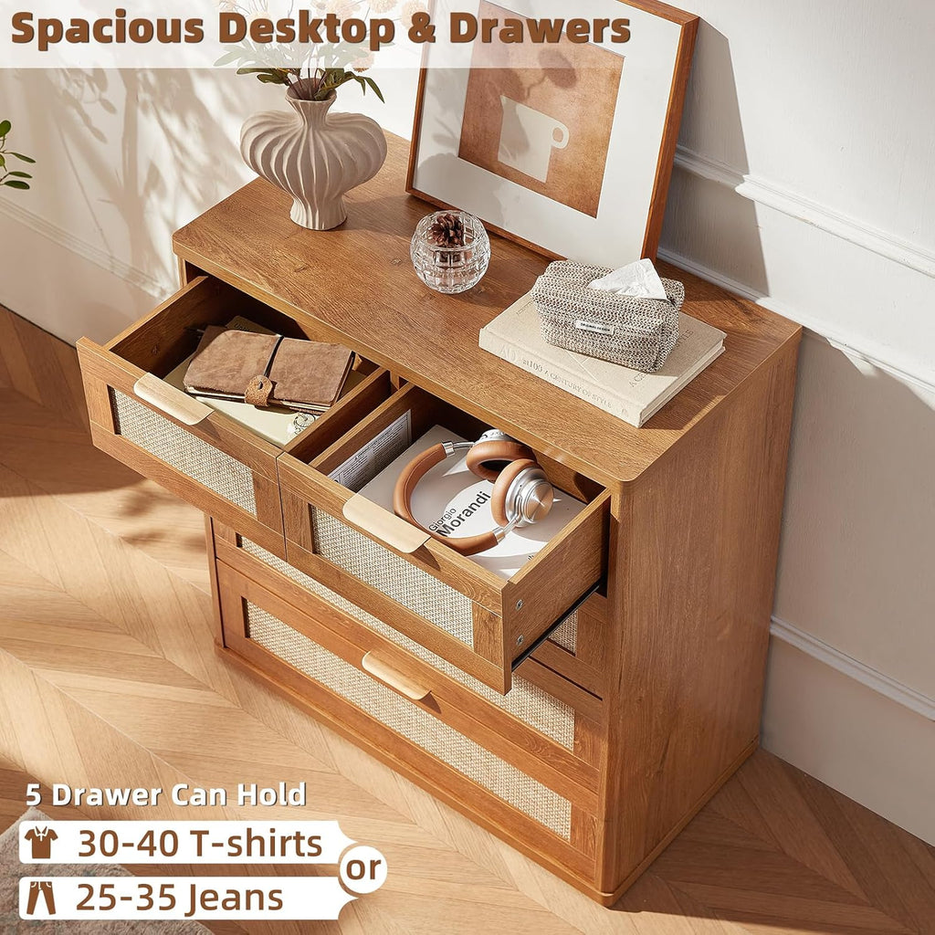 LEYAOYAO Rattan Dresser for Bedroom, 33.5" Tall Chest of Drawers, Modern 5 Drawers Boho Dressers with Storage, Vintage Brown Dresser Wooden Closet Organizer for Living Room, Hallway