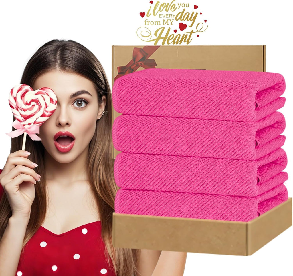Hot Pink Bath Towels (4PC Large, 30"x56") - 100% Cotton | Quick Dry | Light Weight | Thick | Soft | Absorbent, Luxury Shower Towels with Hanging Loops, Towel Gift Set, Hot Pink Bathroom Accessories