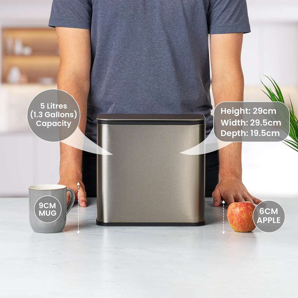 RedFactor Stainless Steel Hanging Trash Can with Lid and Inner Bucket – Slim 1.3 Gallon Odor-Free Compost Bin for Kitchen Cabinet, Countertop, Under Sink, or Bathroom (Metallic Gray)