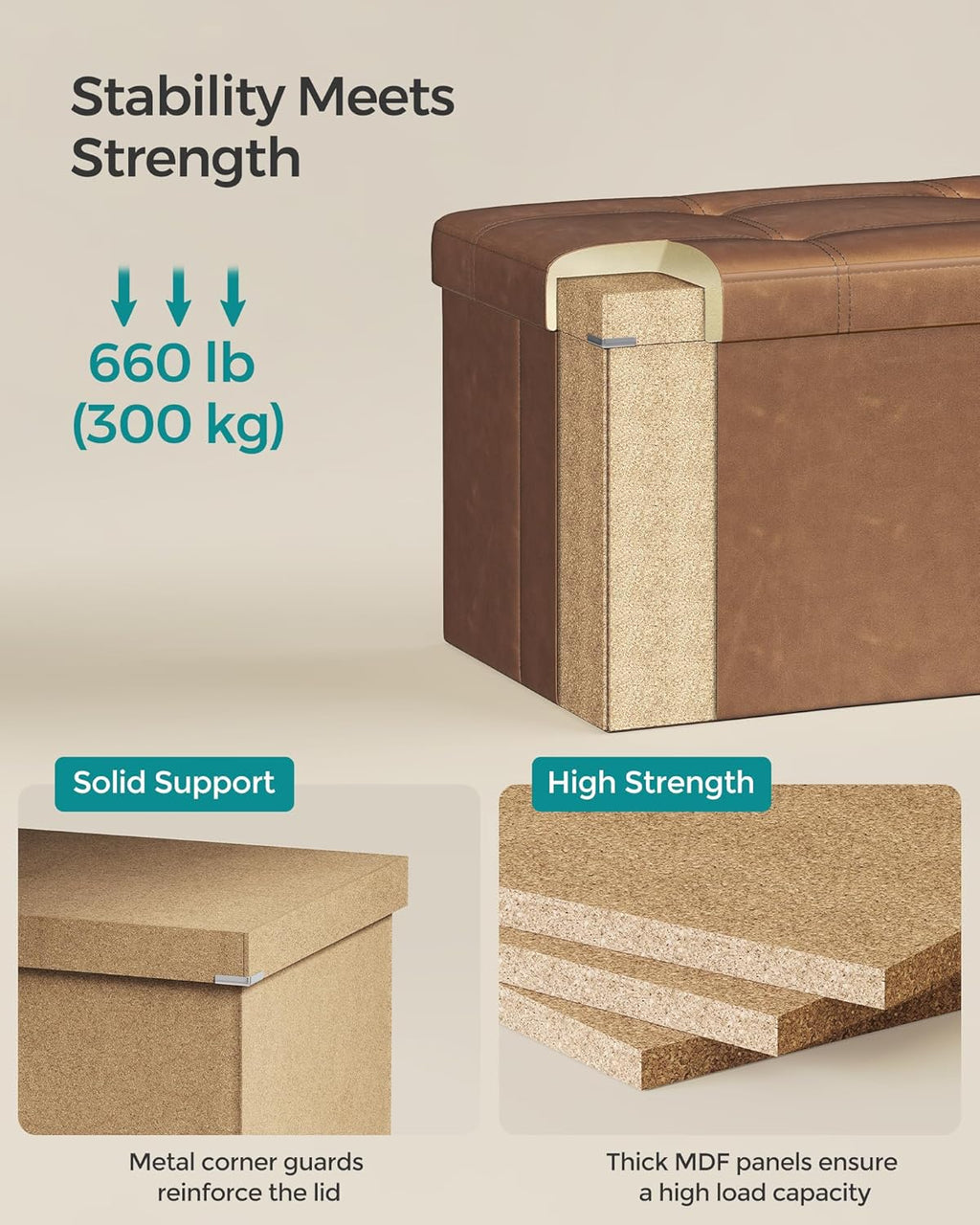 SONGMICS Mazie Collection - 30 Inches Folding Storage Ottoman Bench, Ottoman with Storage, Foot Rest Stool, Load 660 lb, for Living Room, Synthetic Leather, Coffee Brown ULSF040K11