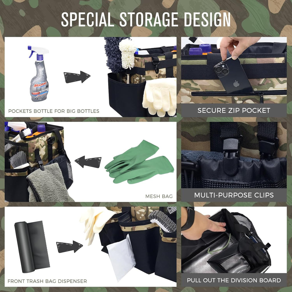 Wearable Cleaning Caddy Organizer with Handle & Shoulder Straps for Housekeepers, Under Sink & Car Cleaning Tool Organizer Bag with 4 Foldable Dividers (Camouflage)