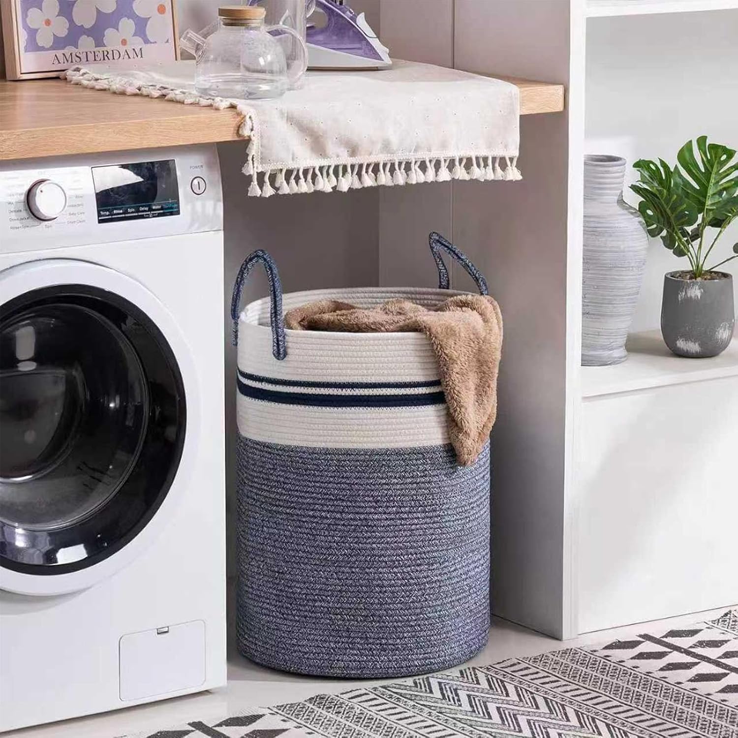 Woven Laundry Basket Hamper,60L Versatile Storage for Blankets,Toys and Clothes,Decorative and Storage for Living Room,Bathroom and Bedroom and Baby Nursery（Large-Blue）