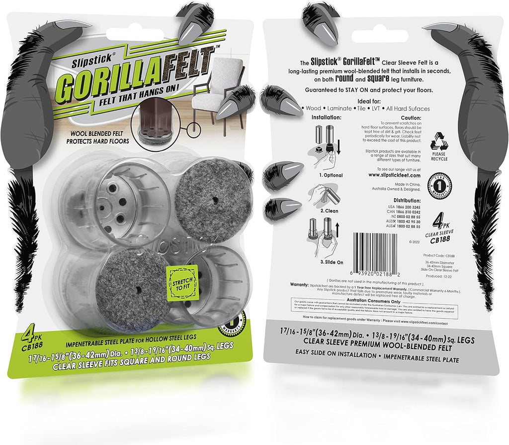 Slipstick GorillaFelt Chair Leg Floor Protectors for Hardwood Floors, Clear Sleeve Felt Pads for Furniture That Stay On, Fits Round & Square Legs, Includes 4 Premium Transparent Chair Socks, CB188