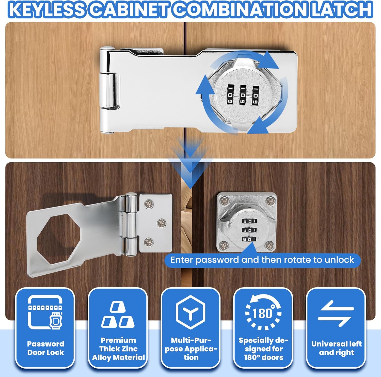 Keyless Cabinet Lock with Combination Code - 3-Digit Password Hasp Latch Lock for Drawers, Bifold Closet Door and Double Sided Door (Silver, 4.5 Inch, 2 Pack)