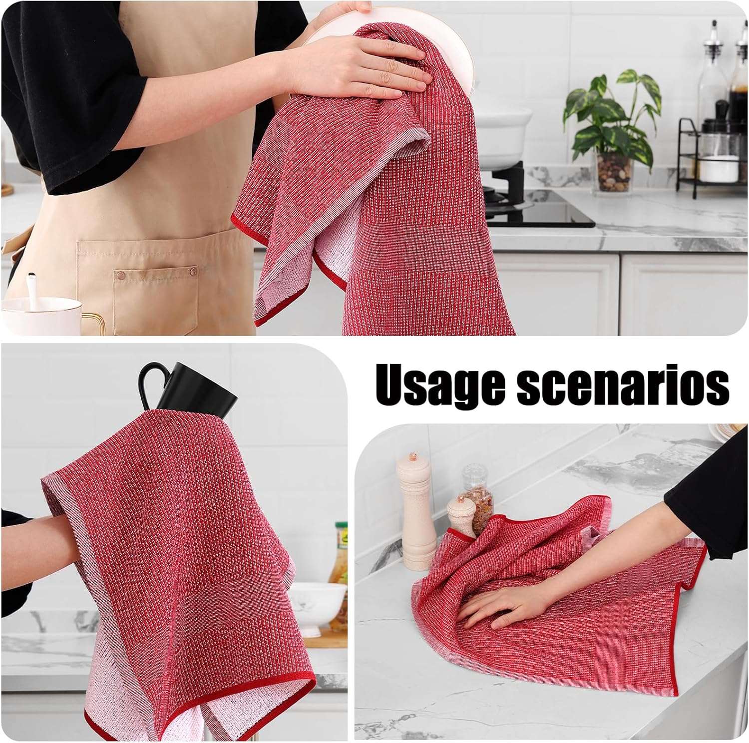 Homaxy Premium Kitchen Towels(18”x 28”, 6 Pack), Large Cotton Kitchen Hand Towels, Flat and Terry Dish Towels, 380 GSM Highly Absorbent Tea Towel Set with Hanging Loop, Red