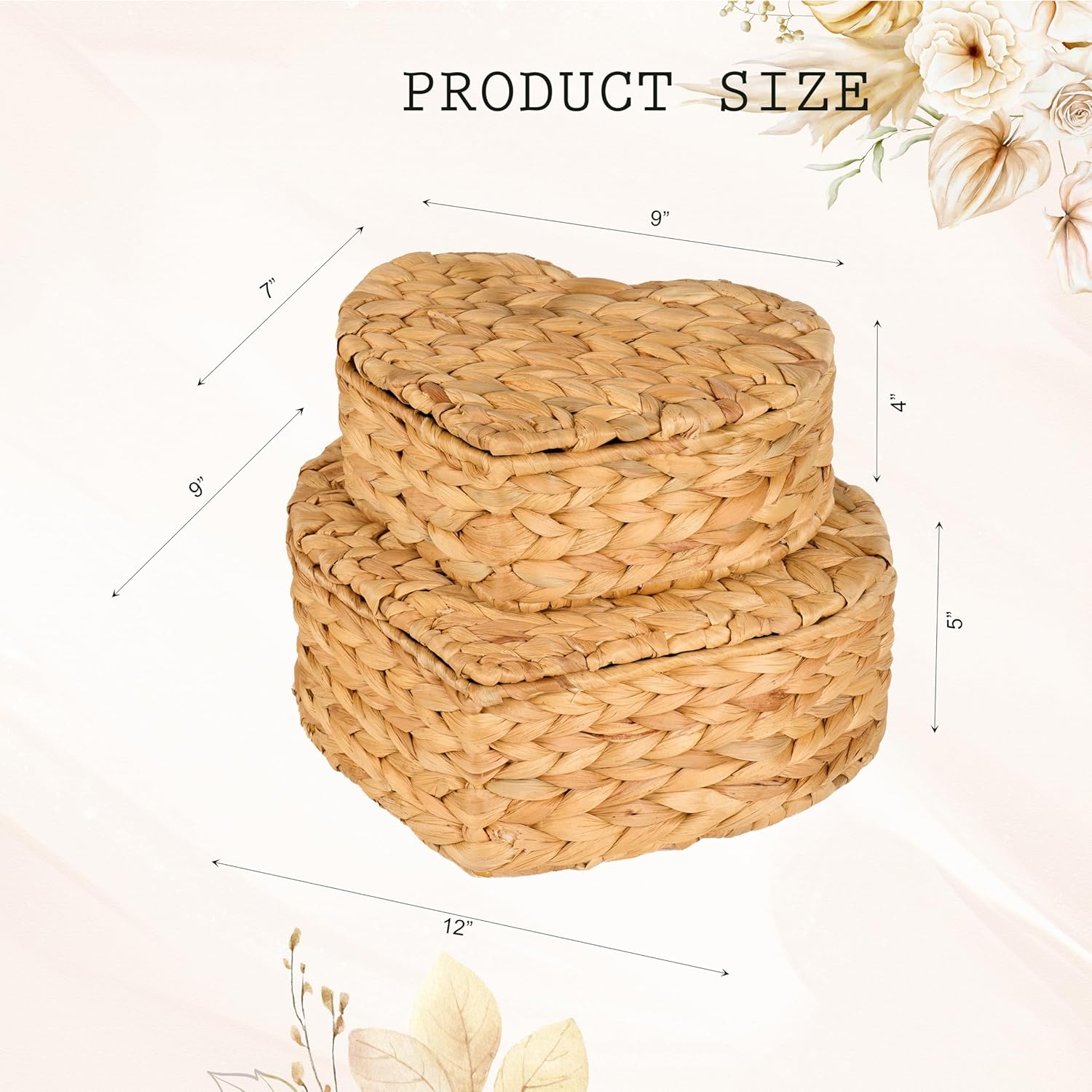 Set of 2 Heart Wicker Storage Bins with Lid, Small Rattan Basket Decorative Boxes, Multipurpose Organizer Display Boxes for Shelf Organizer, Boho Rattan Box for Home Decoration