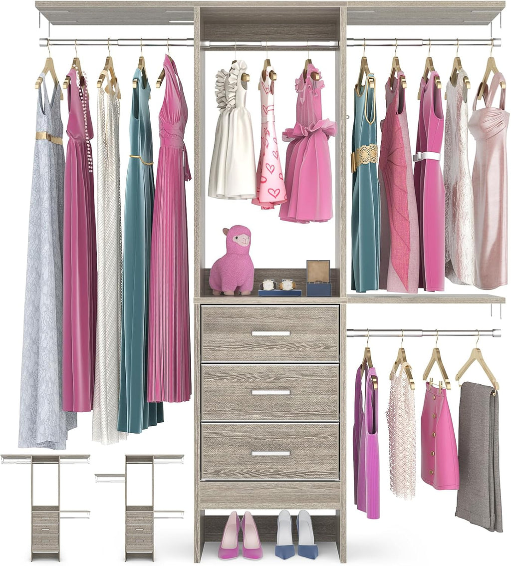 4FT Small Closet System with 3 Fabric Drawers, 48'' Closet Organizer System With 3 Adjustable Shelves, Flexible Built-In Clothes Garment Rack for Small Space, 48"L x 13"W x 71"H, White Oak