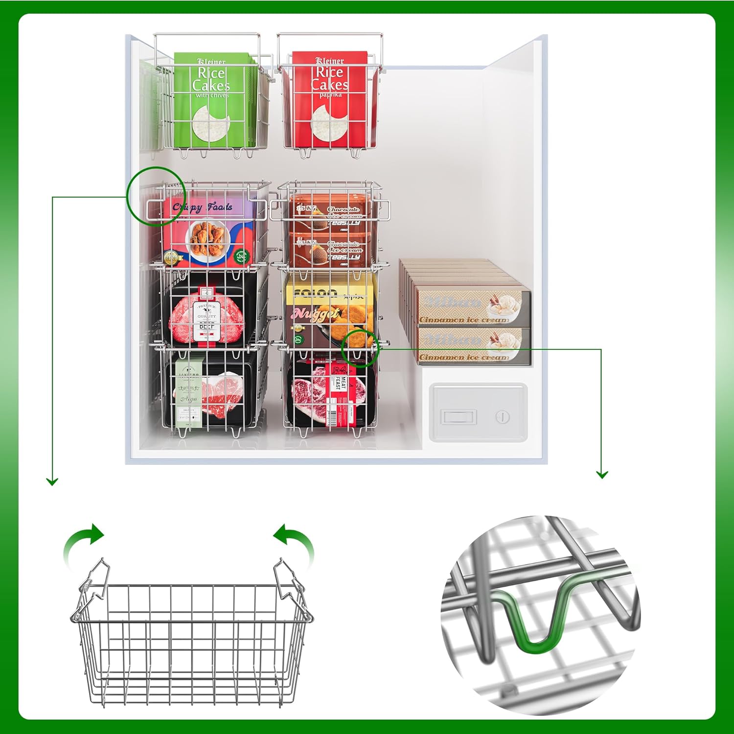 4-Pack Stackable & 1-Pack Hanging Chest Freezer Organizer Bins for 7 Cu.Ft Freezer